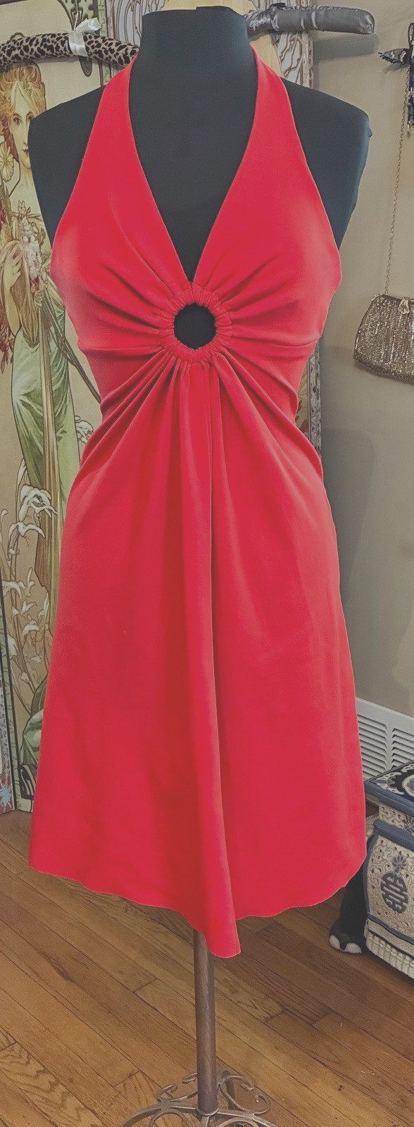 Vintage 1970’S Corky Craig Red Halter Dress Ruched Front Ring Size 8 Altered.
