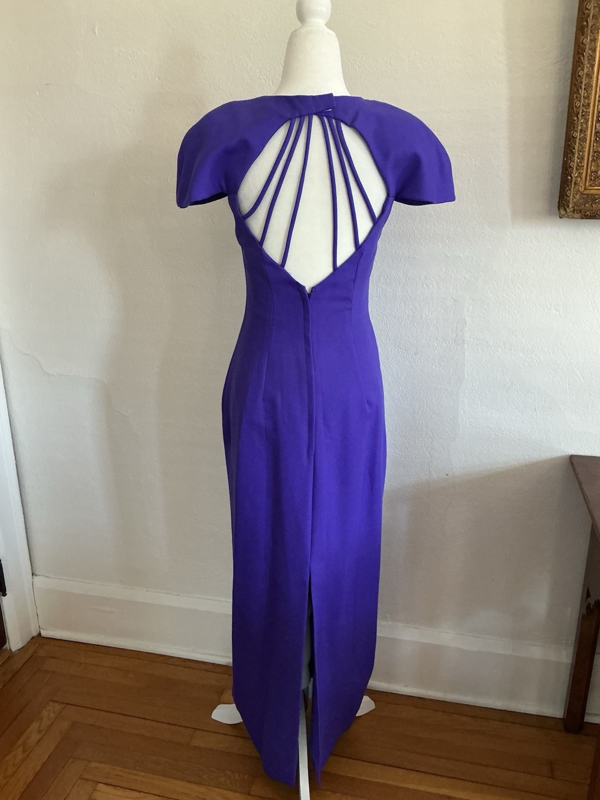 Vintage Cage Back Formal Dress Bill Levkoff Purple Crepe 80s Glam Prom 8 S XS