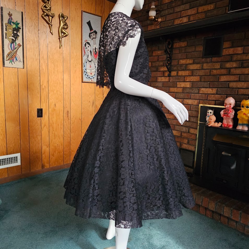 Vintage 1950s Black Lace Circle Prom Evening Cocktail Party Dress w/ Bolero XS/S
