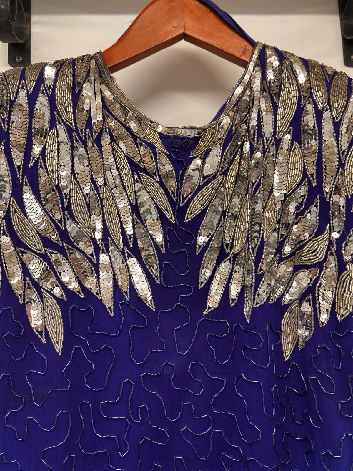 Vintage Formal Sequins Silk Beaded Dress Stenay 80’s Glamour Scallop Sleeves 14