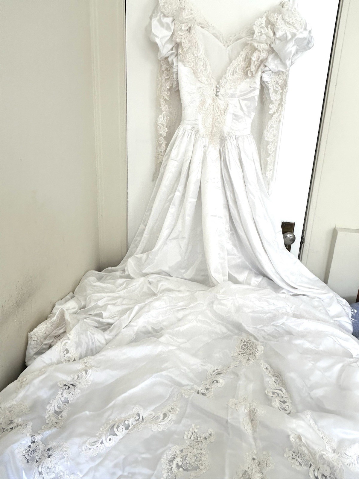 Vintage 1980s White Satin Beaded Wedding Gown & Floral Veil Crown Set Size s