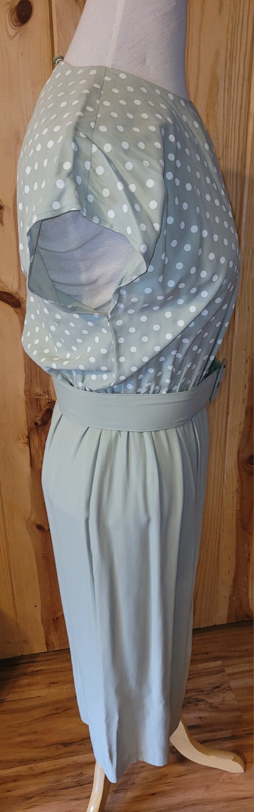 1980s STUART ALAN Sage Green Career Wear Polka Dot Belted Dress + Striped Jacket