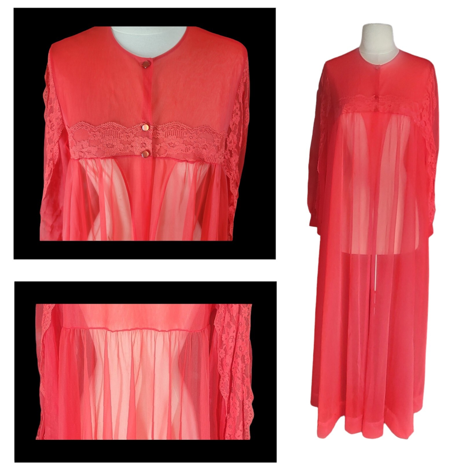 Vtg Lingerie Sheer Peignoir Robe LeVoys Small Long Double Chiffon Red Lace Sweep