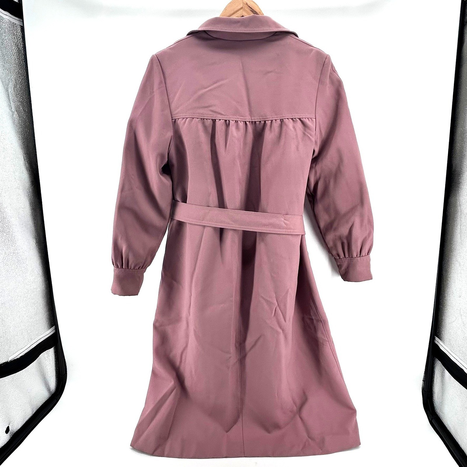 VTG Sears Dusty Rose Mauve Belted Trench Coat Faux Fur Removeable Lining Size 16