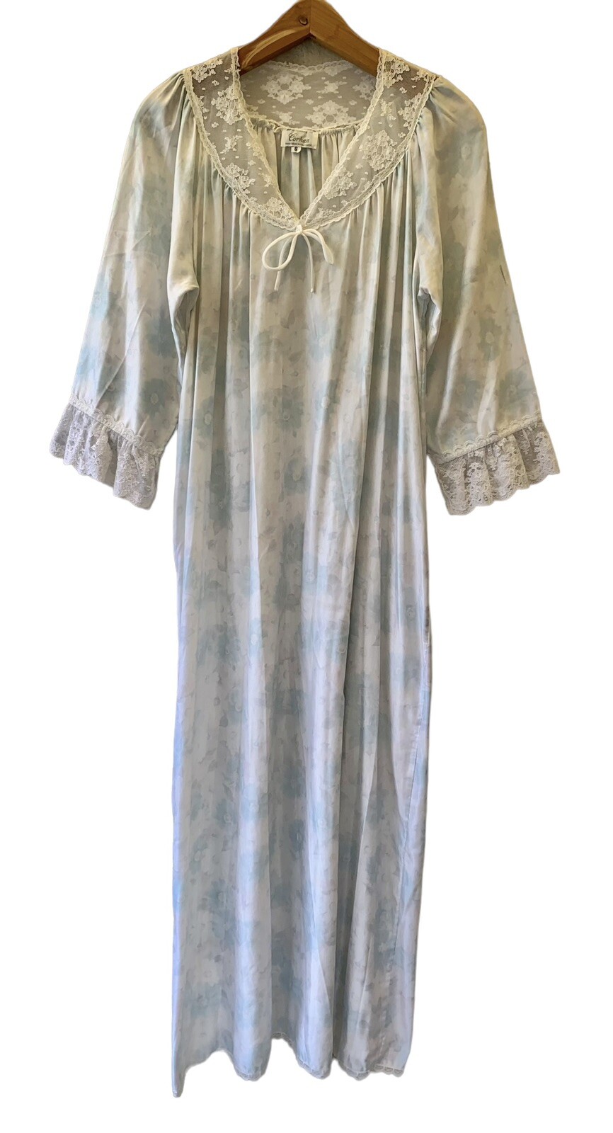 VTG Prairie Cottage Romantic Farmhouse Blue Long Nightgown Lace Corhan Floral