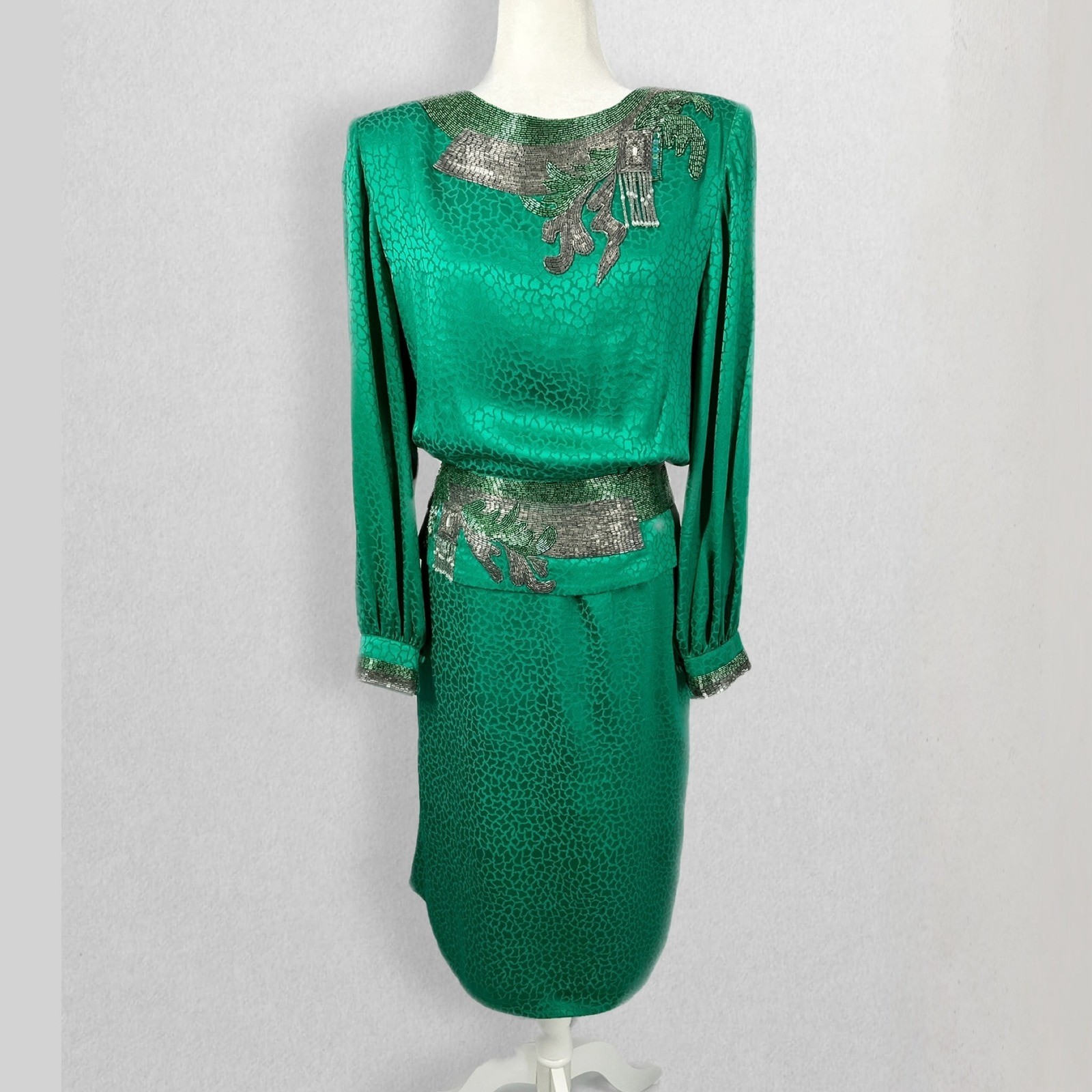 Vintage Francesca of Damon Silk Long Sleeve Beaded Peplum Green Dress Size 12