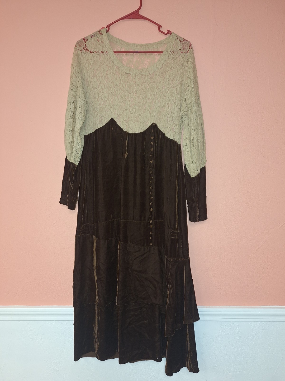 Antique Handmade Cream Lace And Brown Velvet Gown