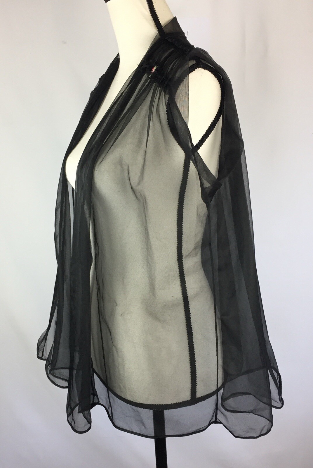 Vintage 60s Black Nylon Small Babydoll Short Robe Bed Jacket Open Front Sheer