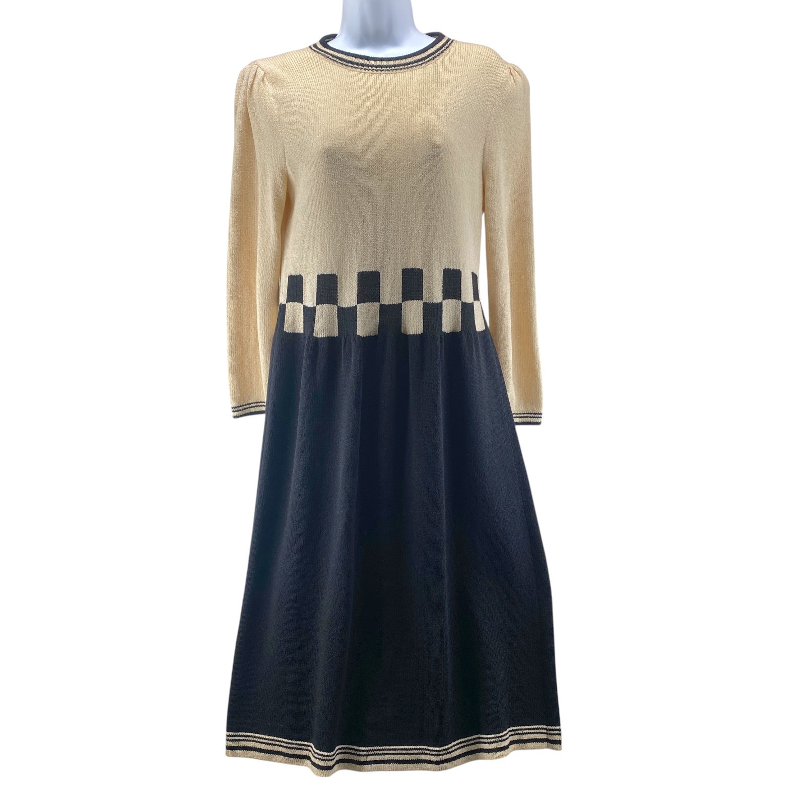 Vintage Peter Lynne Dress Large Black Ivory Wool Santana Knit Checkerboard Midi