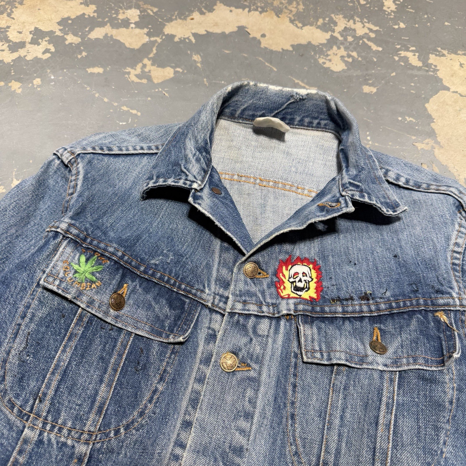 Vintage Eagle 60s 70s Skull Weed Leaf Worn In Distressed Vtg Denim Jacket Type 2
