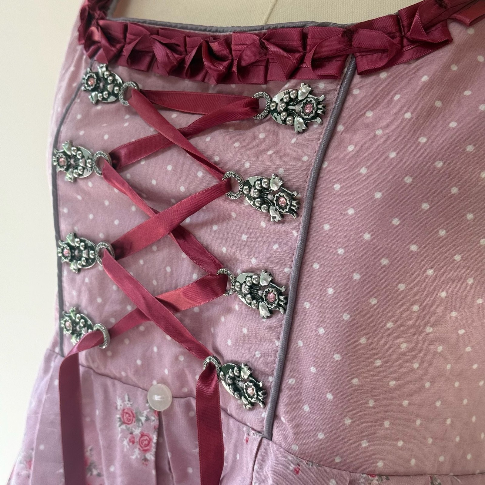 Vintage Pink Floral Polka Dot Traditional Dirndl Dress