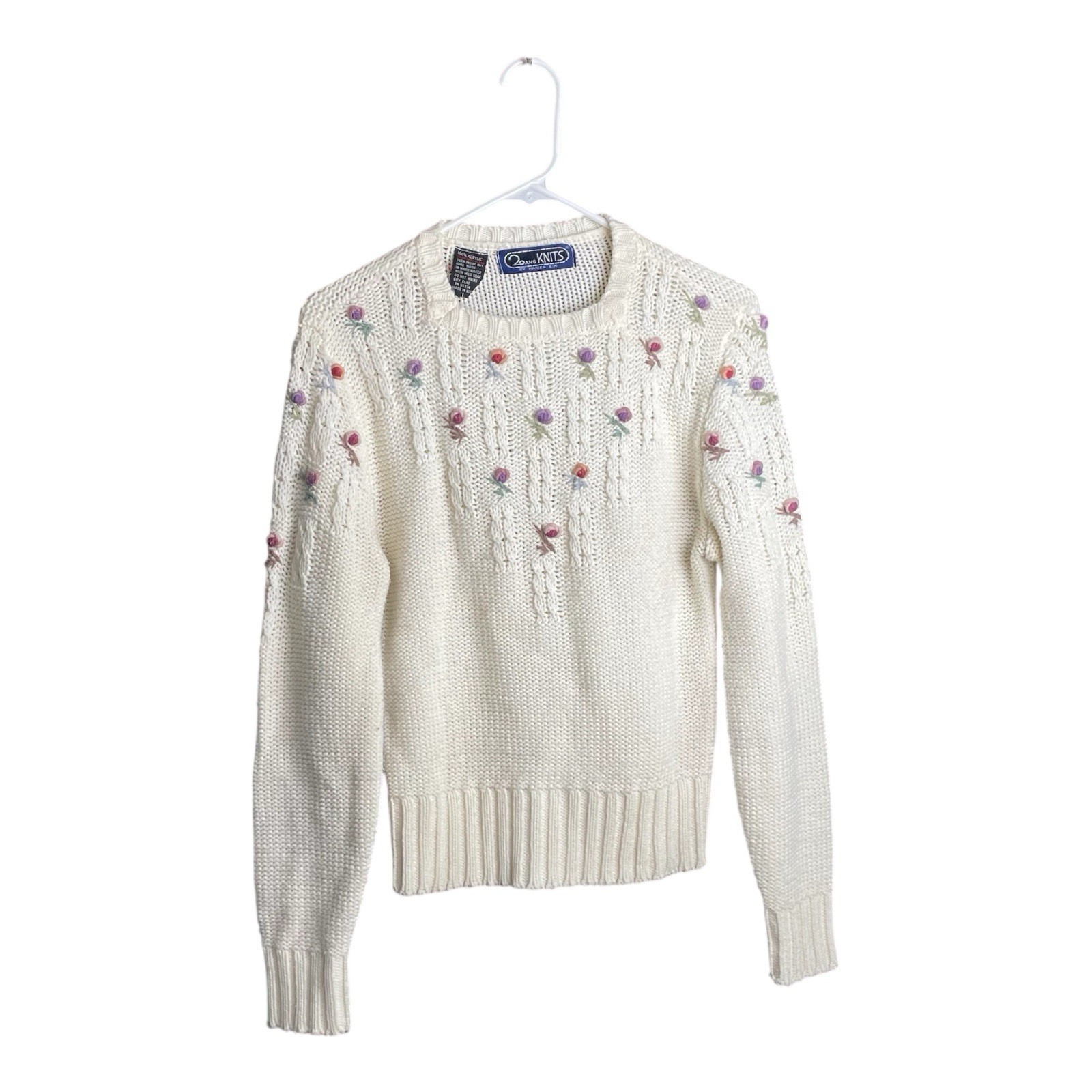 Vintage Mariea Kim Knit Grandma Sweater White Knit Floral Fitted Cottagecore