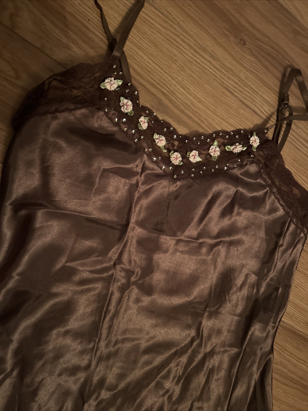 Vintage Y2K Deadstock One Step Up Satin Camisole Cami Top NWT Brown Rose Lace S