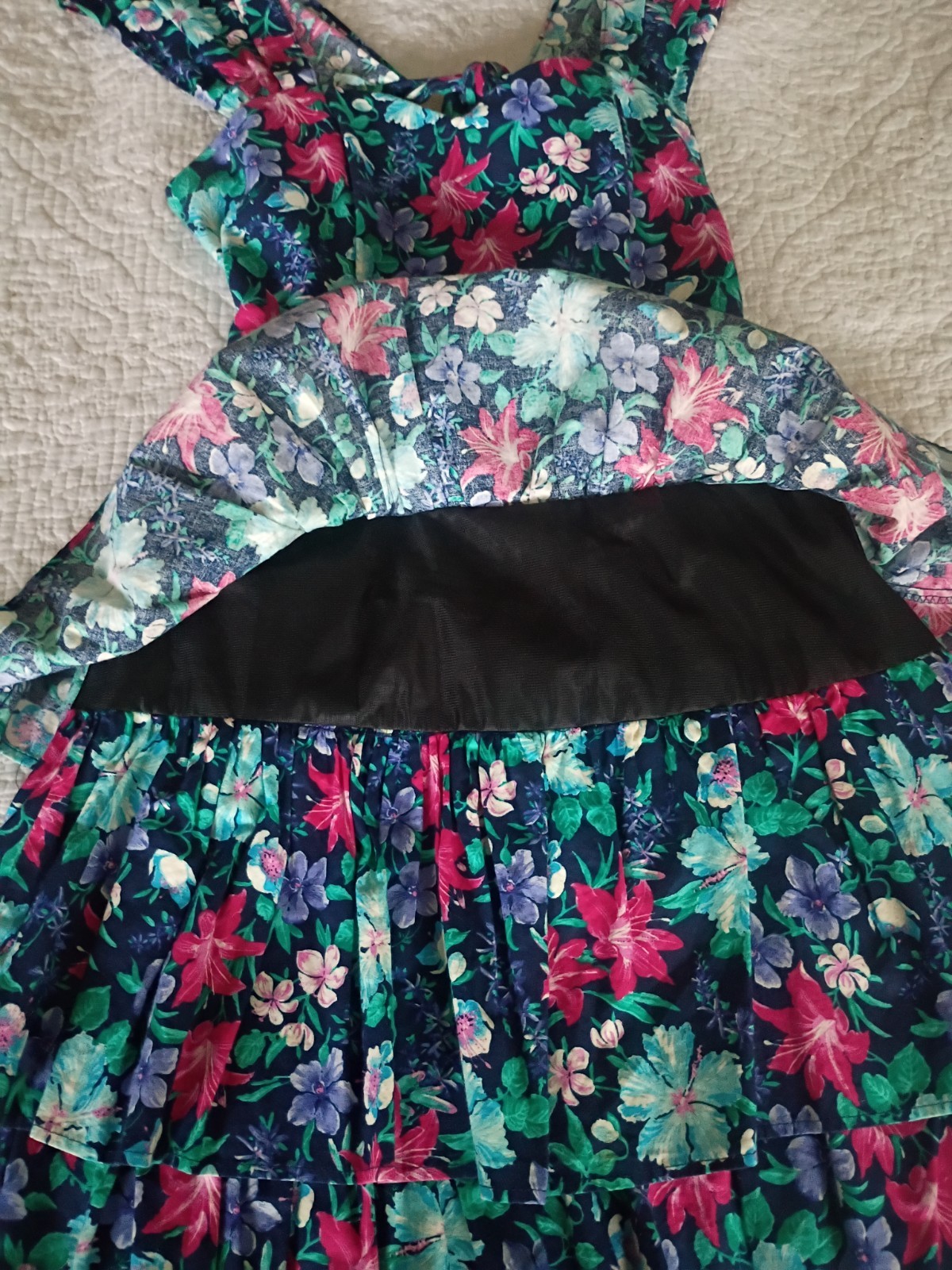 All That Jazz Vintage 80s/90s Floral Tiered Green Pink Navy Midi Dress Size S