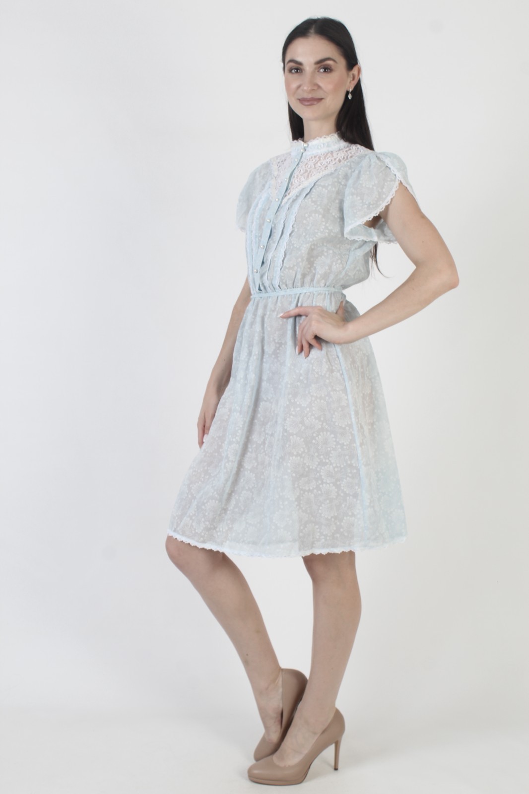 Vtg Wht Floral Lace Dress Prairie Blue Prairie Belted Cottage Split Slv Sundress
