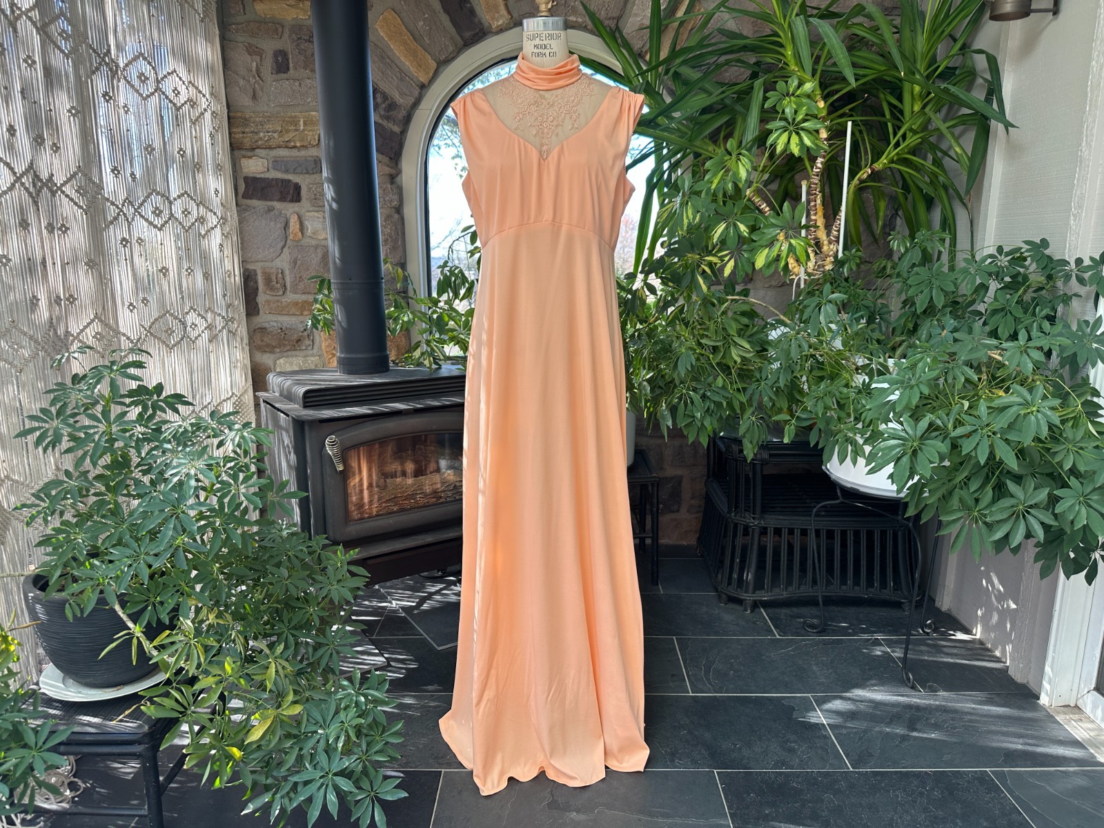 Vintage 1970s Peach Knit and Lace Formal Maxi Dress