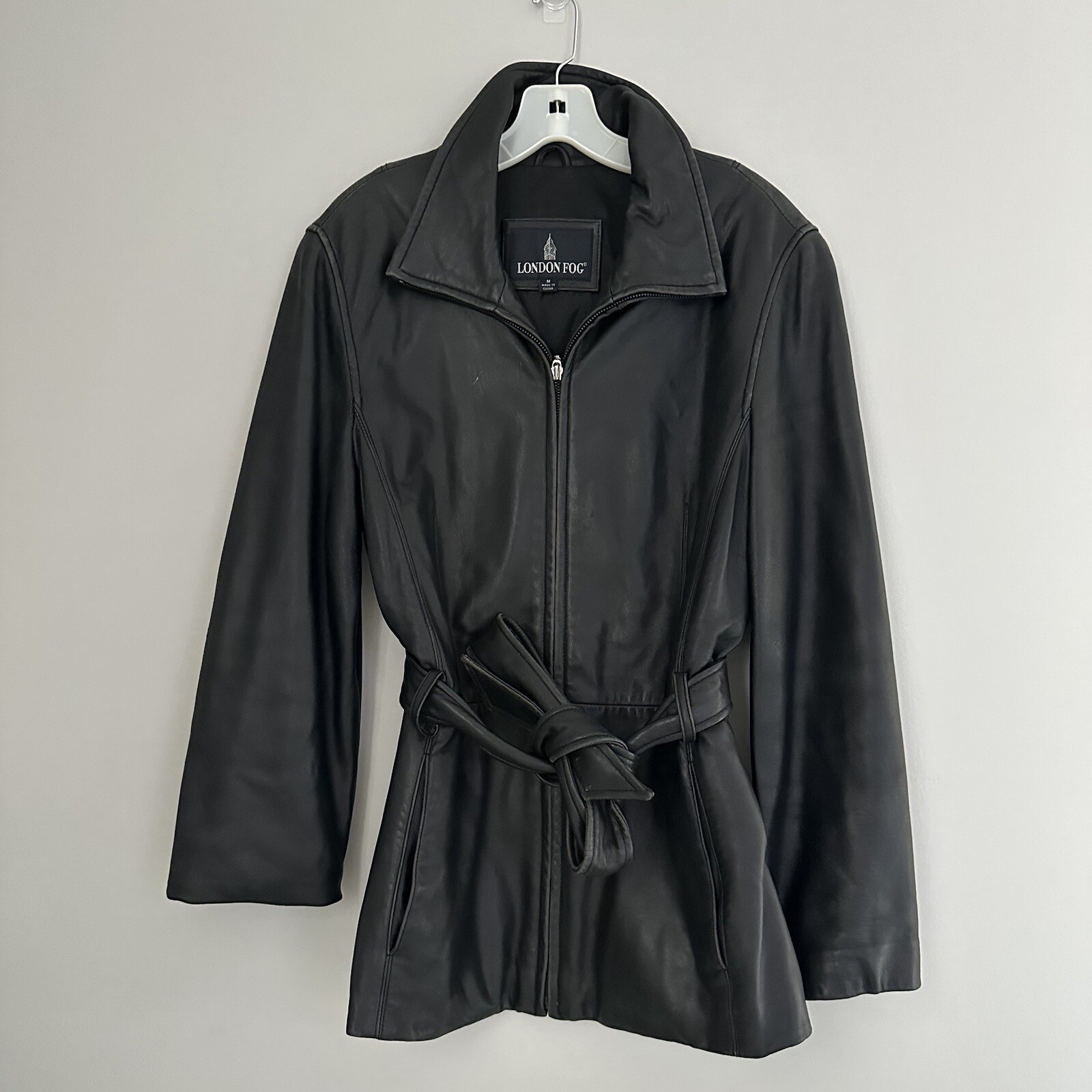 London Fog Butter Soft Black Genuine Leather Jacket Zipper and Belt Tie vintage