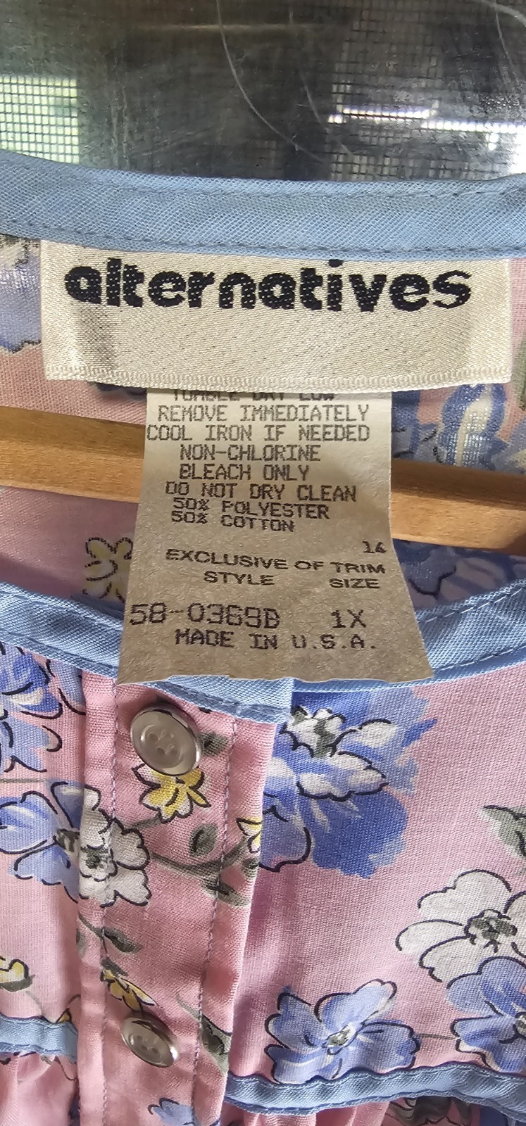Vintage 80s Alternatives Floral House Dress Pink Blue Button Front USA…