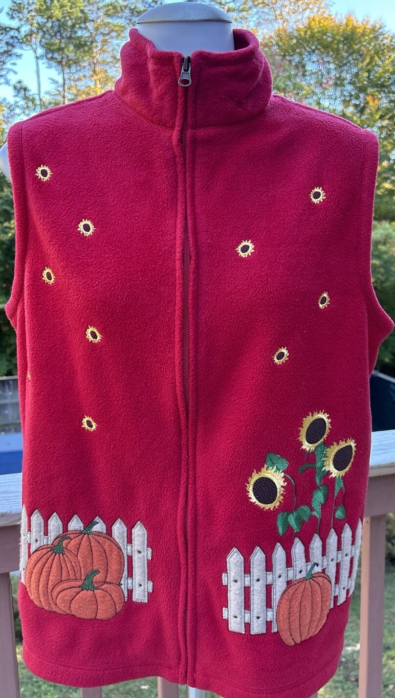 Baxter & Wells Fleece Red Vest Autumn Fall Pumpkins & Sunflower Sz M Art To Wear