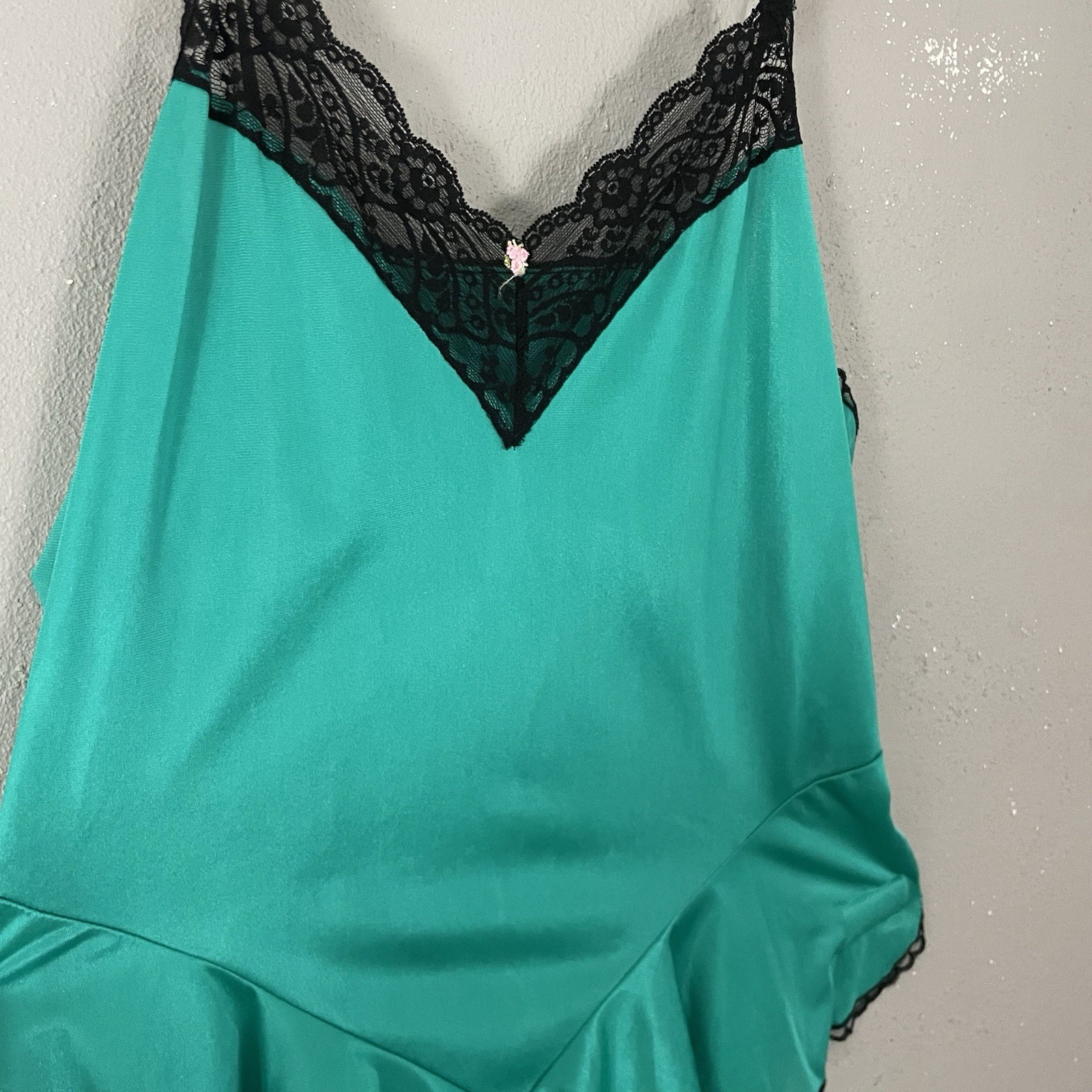 Vintage 80s Lingerie Teddy Romper Size 40 Roamans Green Satin Sissy Black Lace