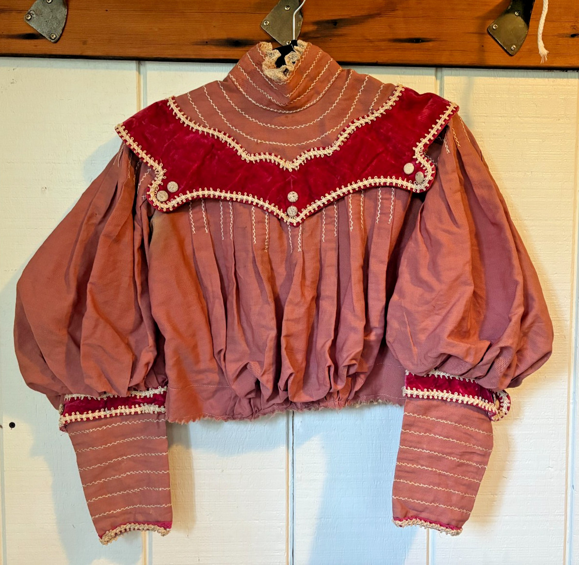 Antique 1890s Leg-of-Mutton Sleeve Blouse | Rose Silk Velvet Trim Embroidery VTG