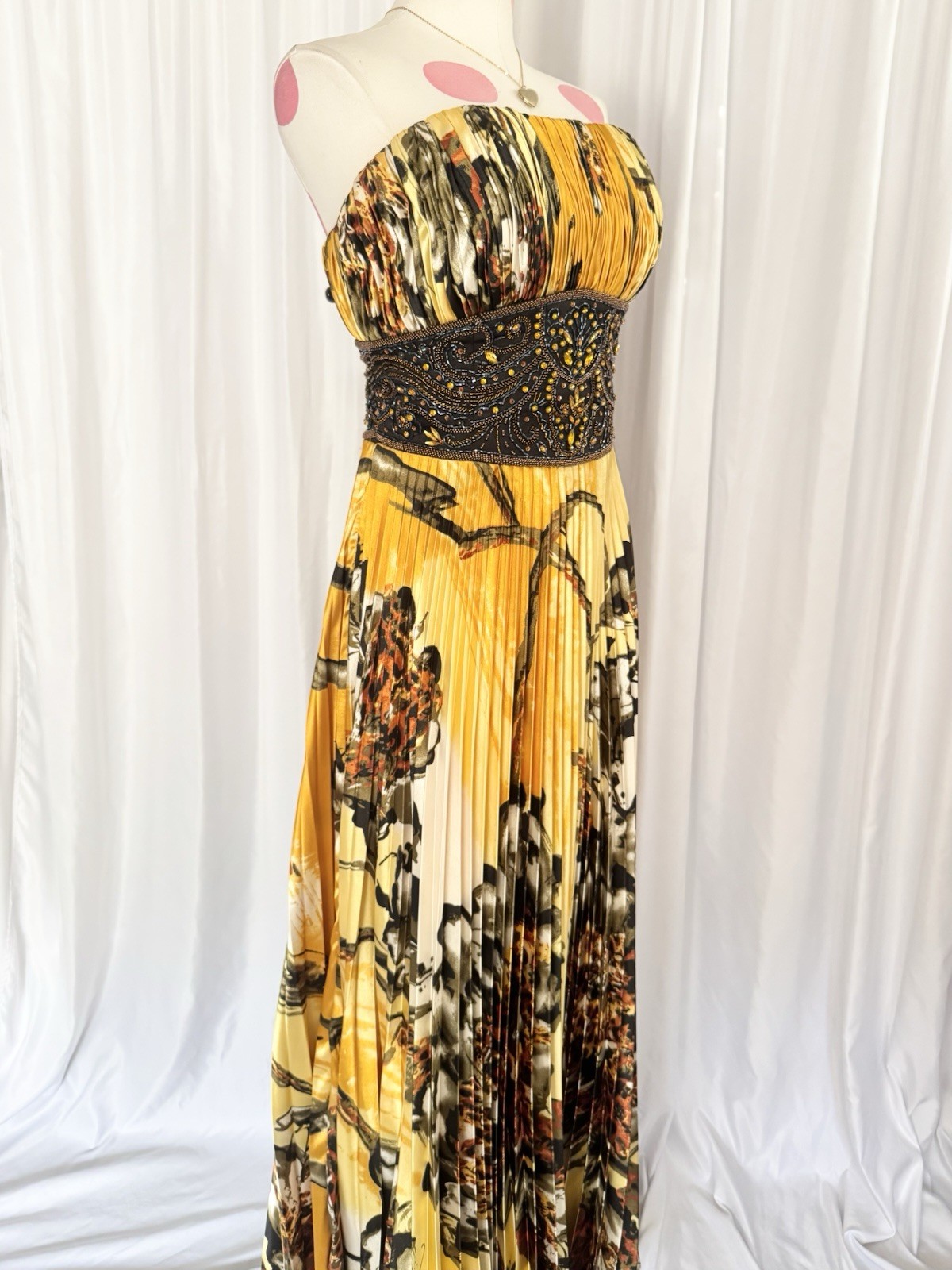 Vintage Yellow Leopard Floral Beaded Sequin Pleated Formal Gown Dress 14 Jovani