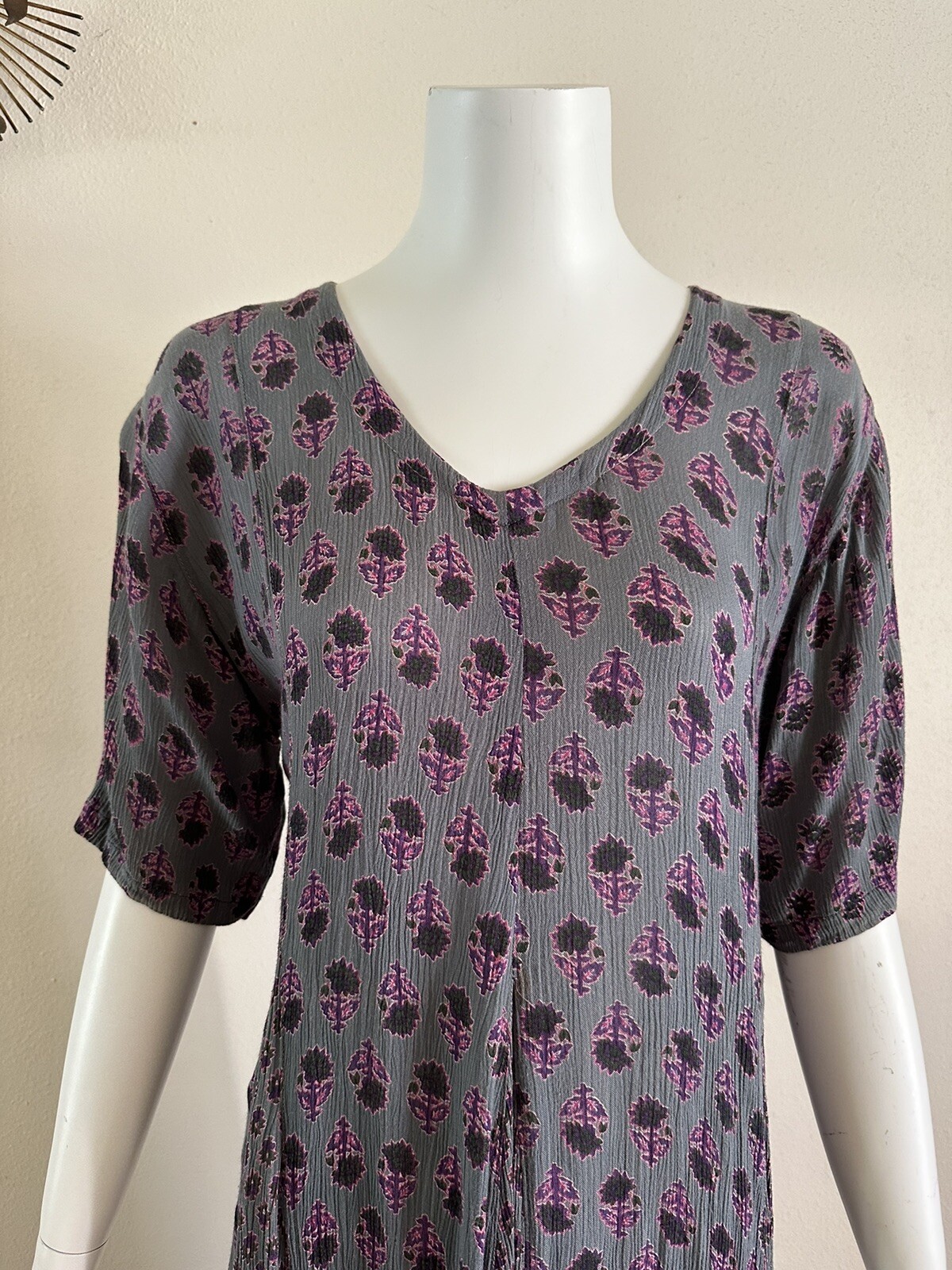1990s Indian Block Print Rayon Gauze Tie Back Dress Grunge Floral Punk M 90s VTG