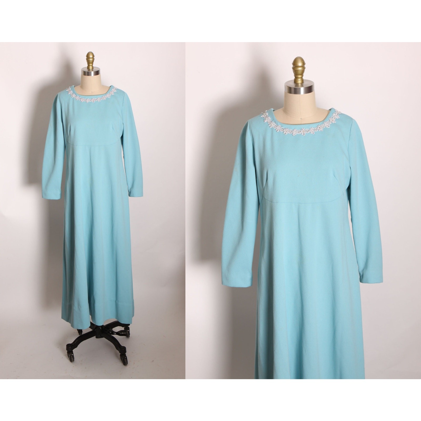 1960s Blue 3/4 Length Sleeve Empire Waist Silver Trim Mod Dress