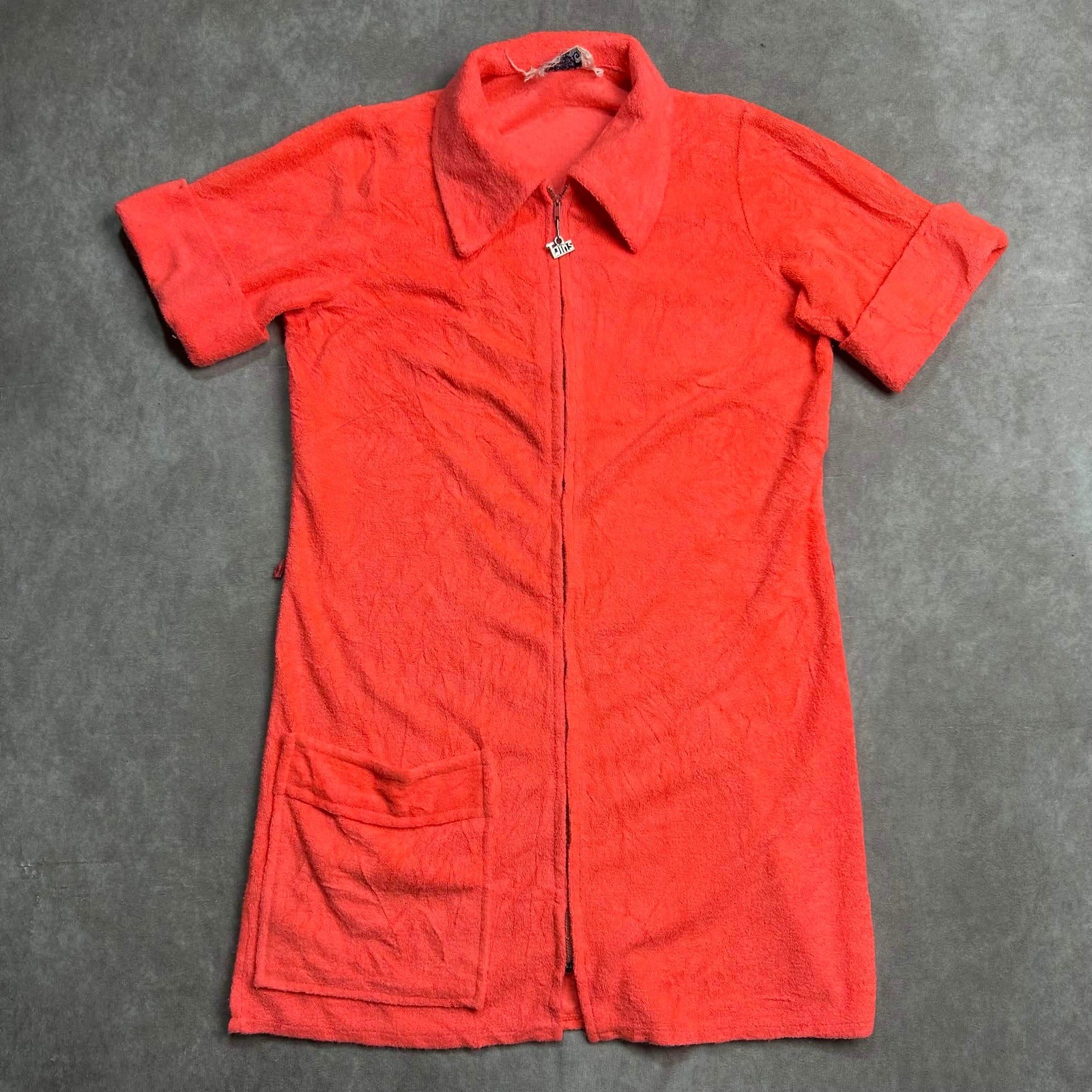 The Twins Inc Miami Vintage Terry Cloth Zip Front Beach Coverup Dress Orange S