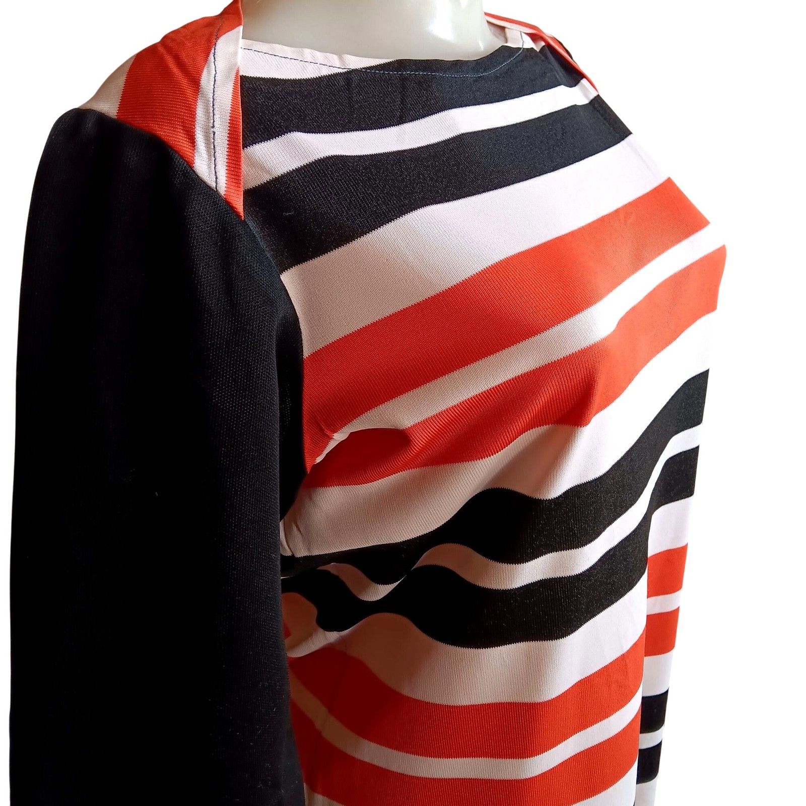 Medium True Vintage Top 1970’s Mod Blouse Striped Orange Black White Acetate