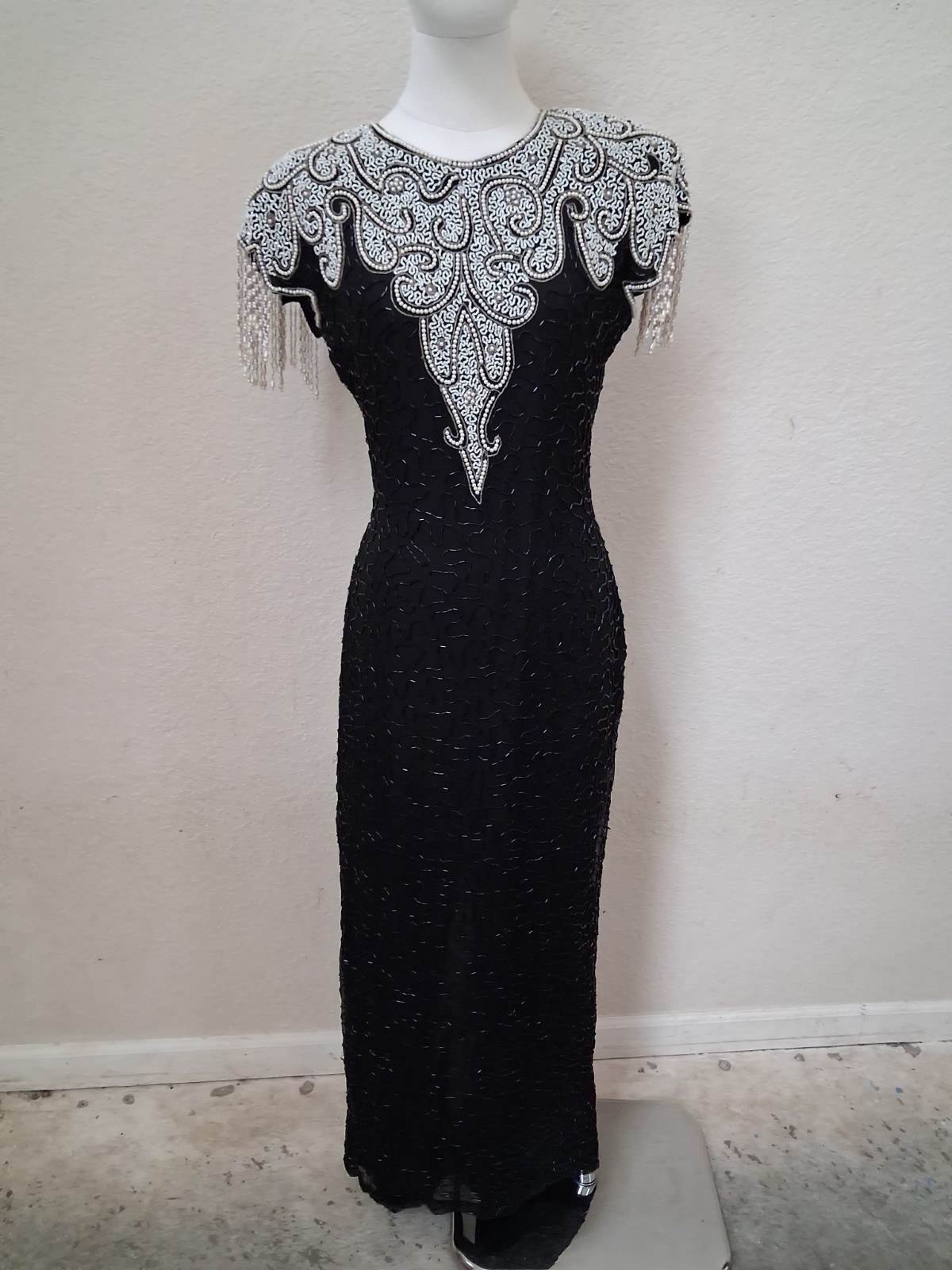 Vintage 80s 90s Michaelangelo Silk Beaded Long Dress Gown Prom Small