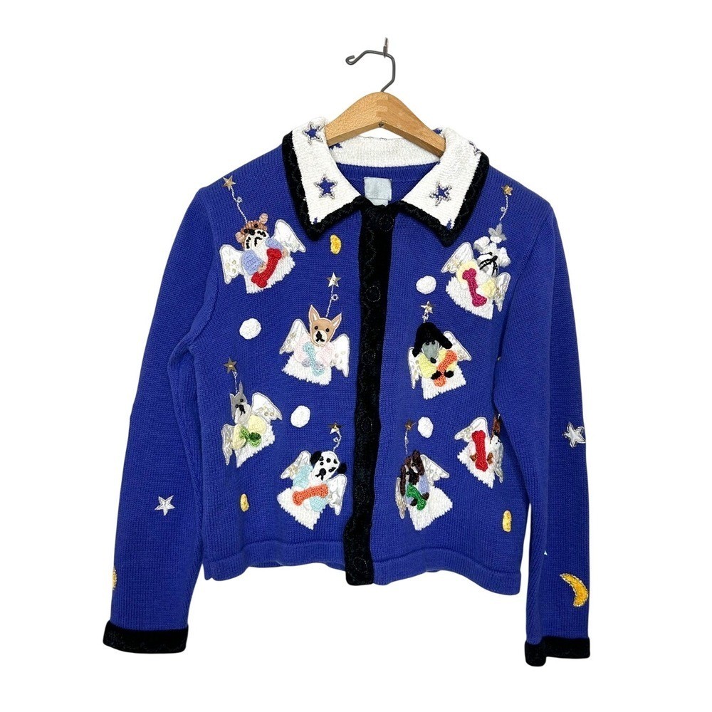 Vintage Berek Womens Holiday Embellished Angel Dogs Cardigan Sweater Small S