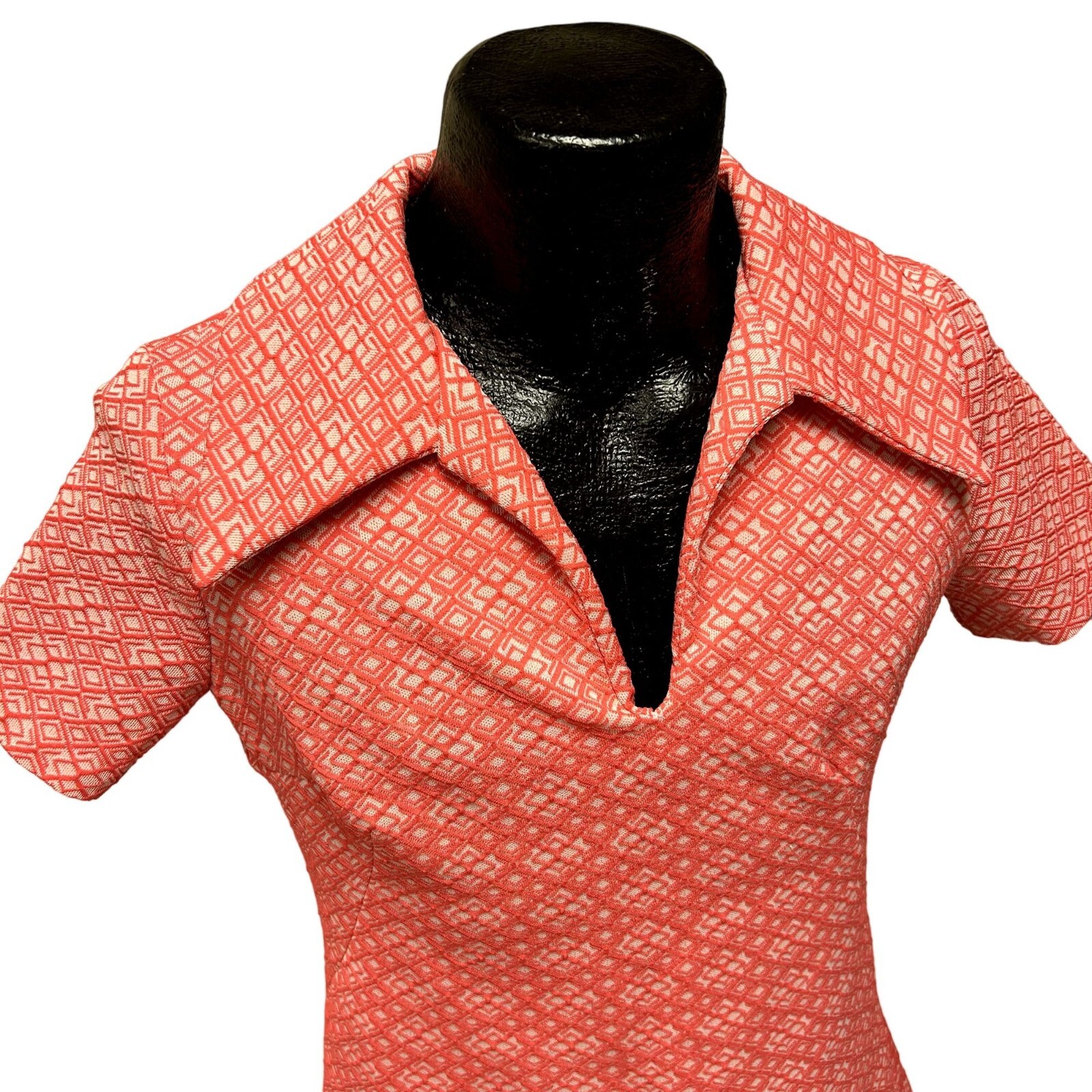 Vtg 60 70’s KNIT MoD PINK White GEOMETRIC Go Go Hippie MINI Dress Disco Shirt M