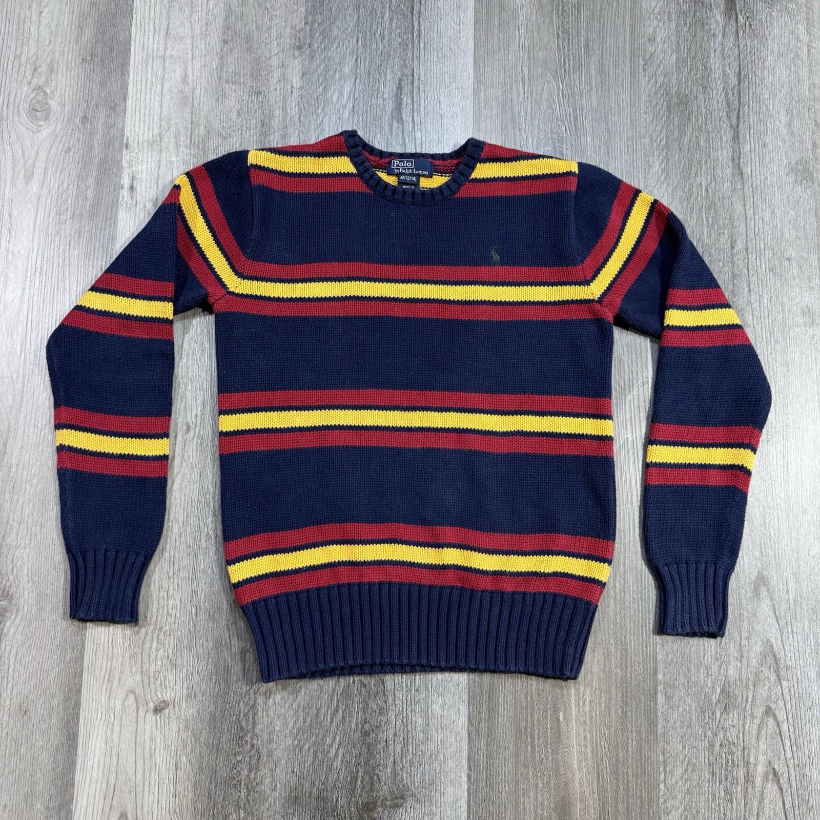 Vintage 90s Polo Ralph Lauren Striped Cotton Sweater Navy Red Yellow Youth M