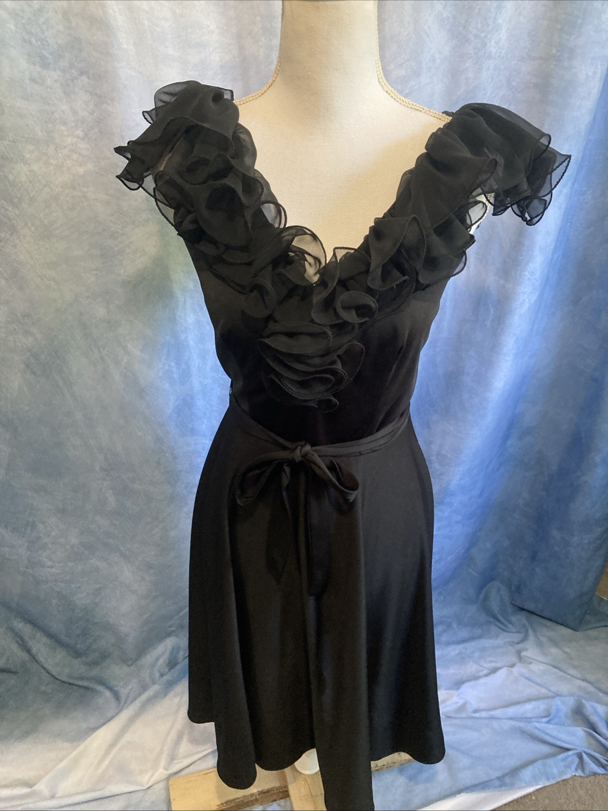 Vtg 70s Black Sheer Ruffled Party Dress XS Lightweight Polyester ILGWU Union Tag