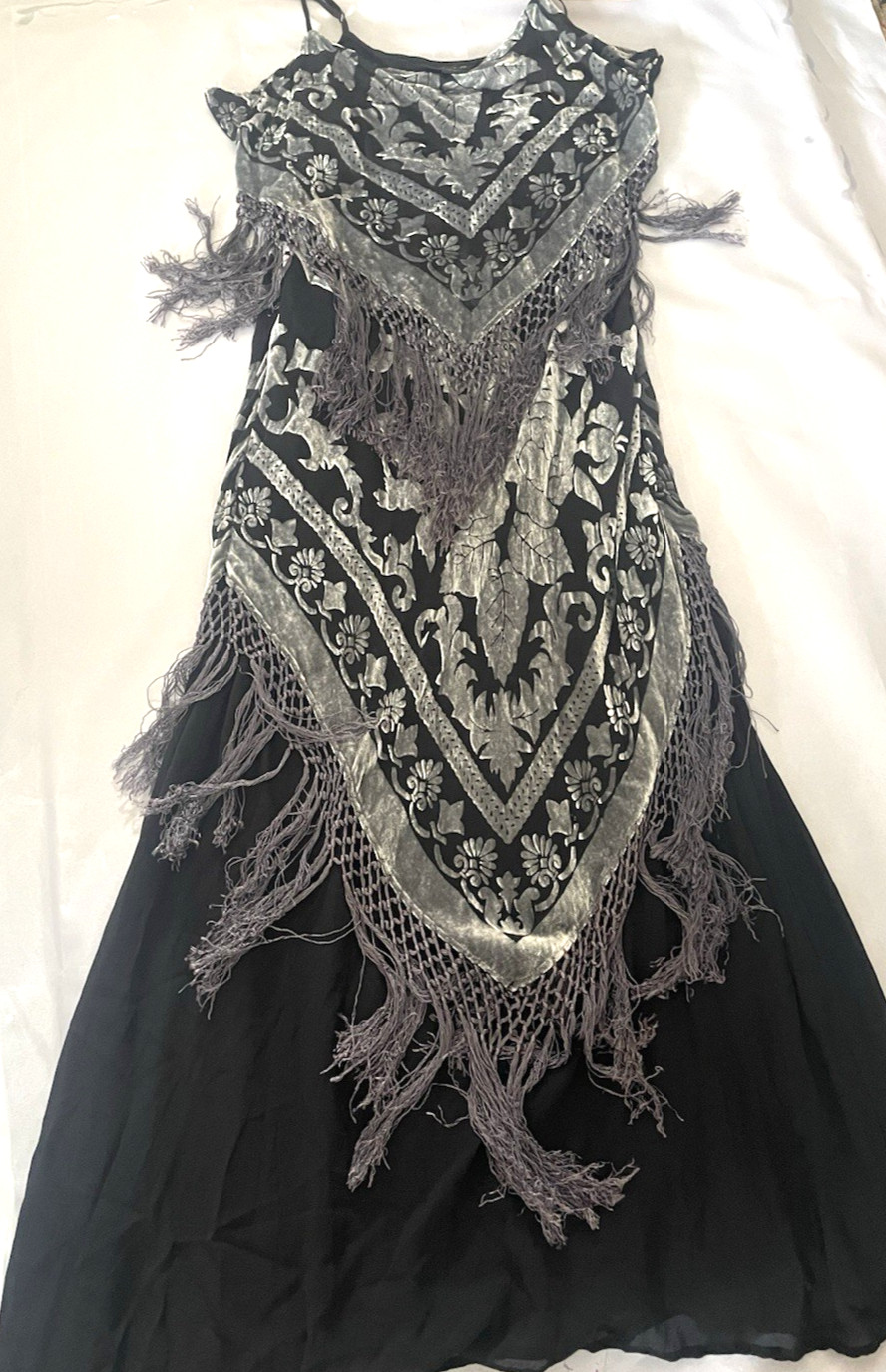 Vintage Aris A Y2K Silk Blend Burnout Velvet Fringe Maxi Dress Sz L