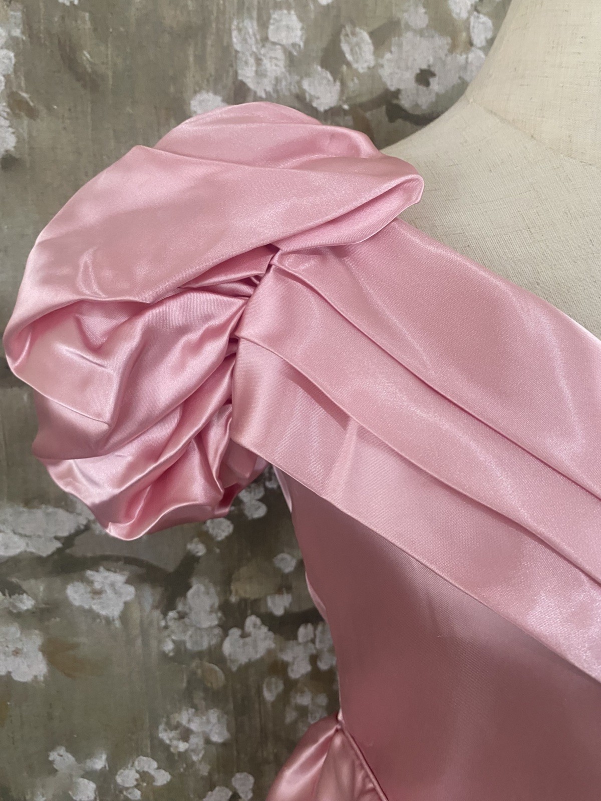 VTG 70’s Pink Satin Union Made Coquette Back Cascade Prom Bridesmaid Dress S