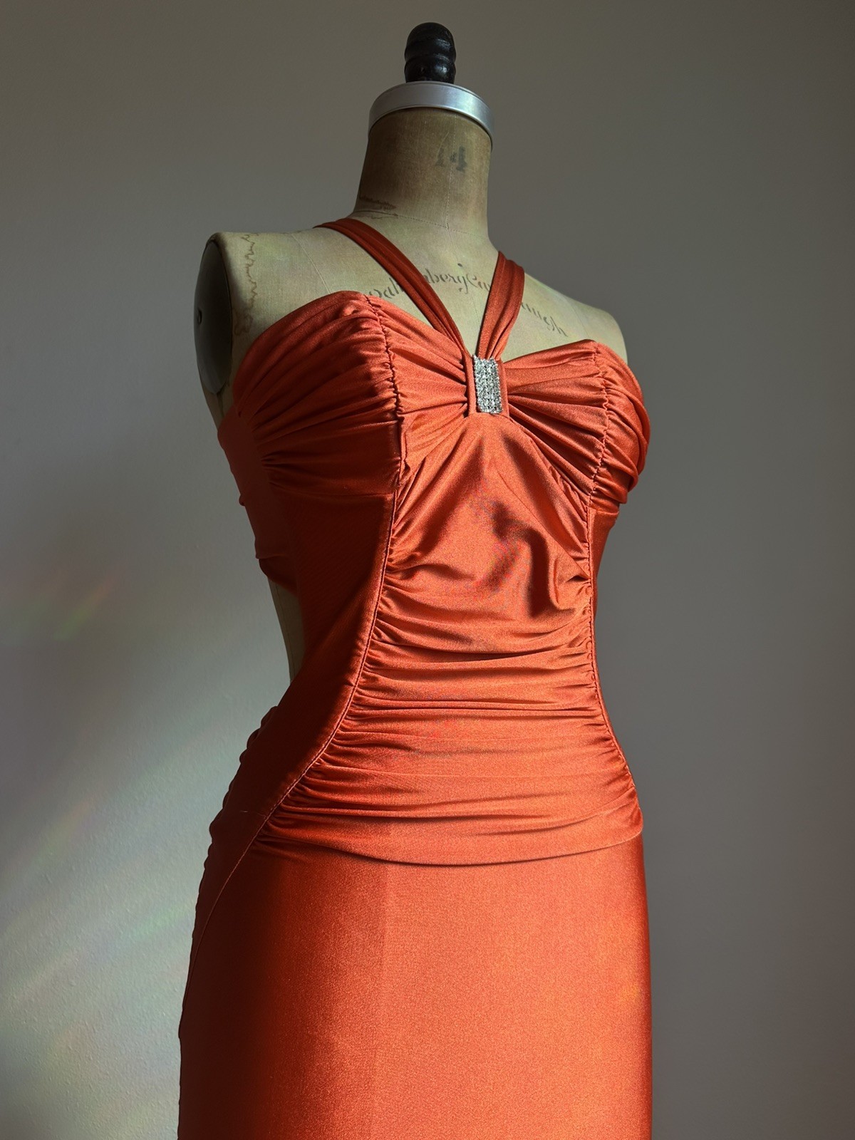 1990s Y2K Valentine Sexy Backless Rhinestone Mermaid Gown Dress Stretch Halter