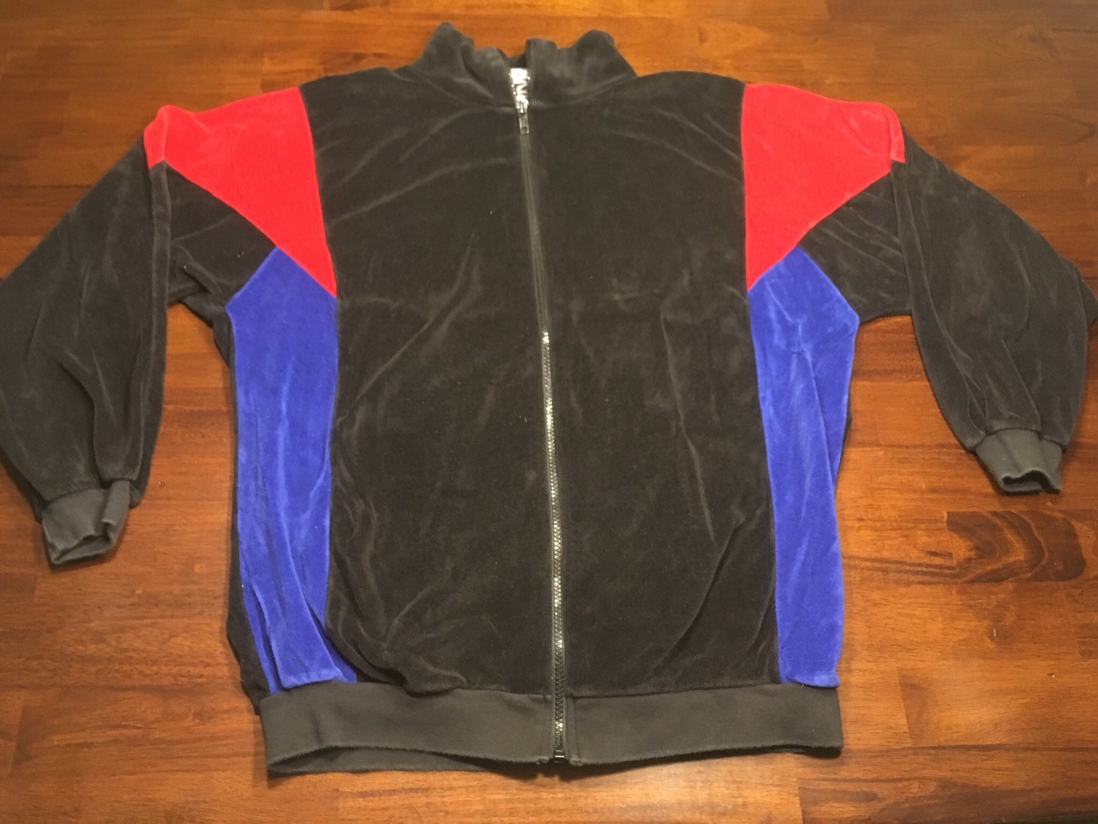 Vtg 90s SK Sport Velour Track Suit Black Blue Red Jacket Color Block Medium