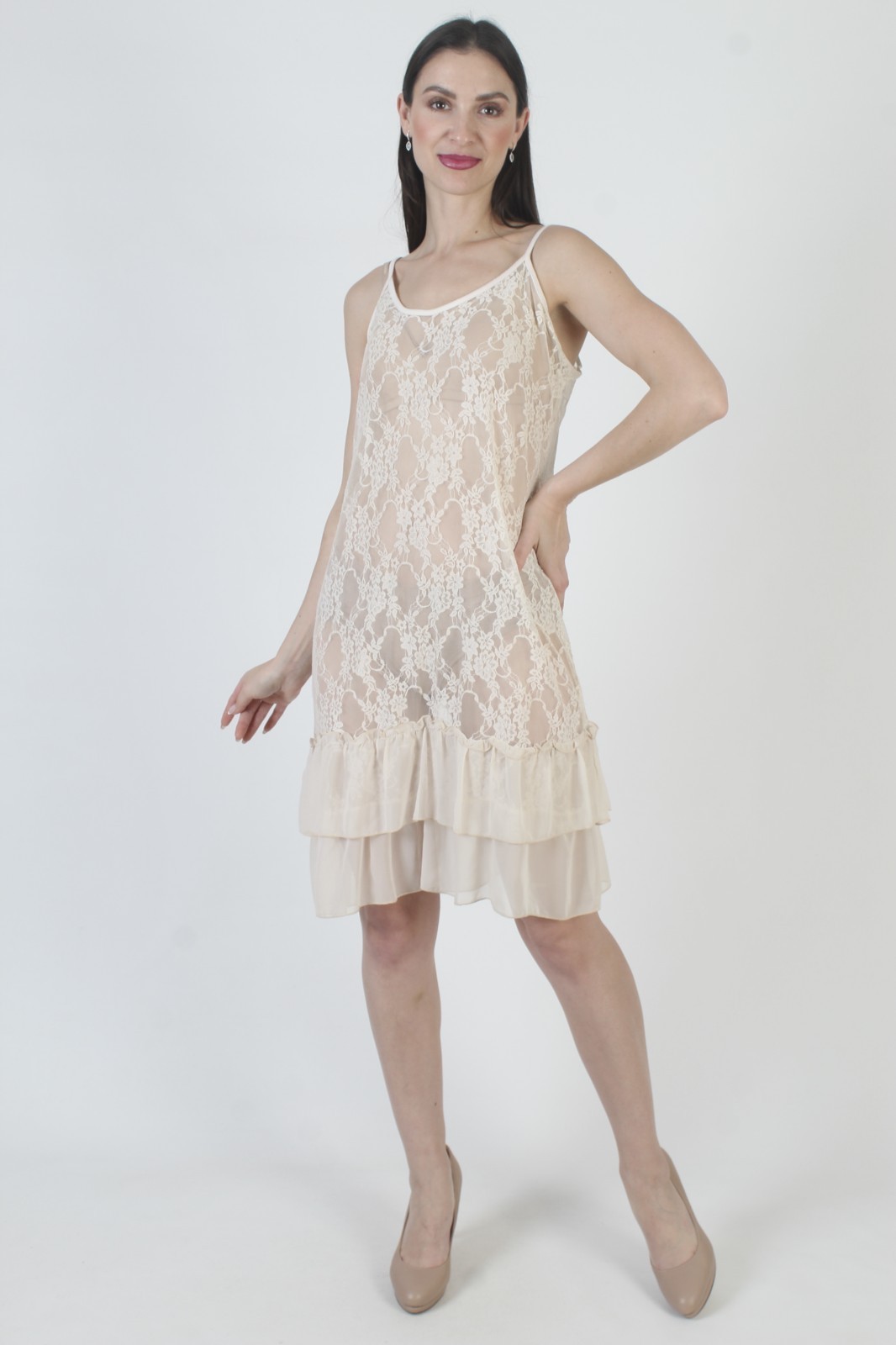 Vtg Victorian Lace Dress Cream Sheer Edwardian Antique See Through Midi Slip