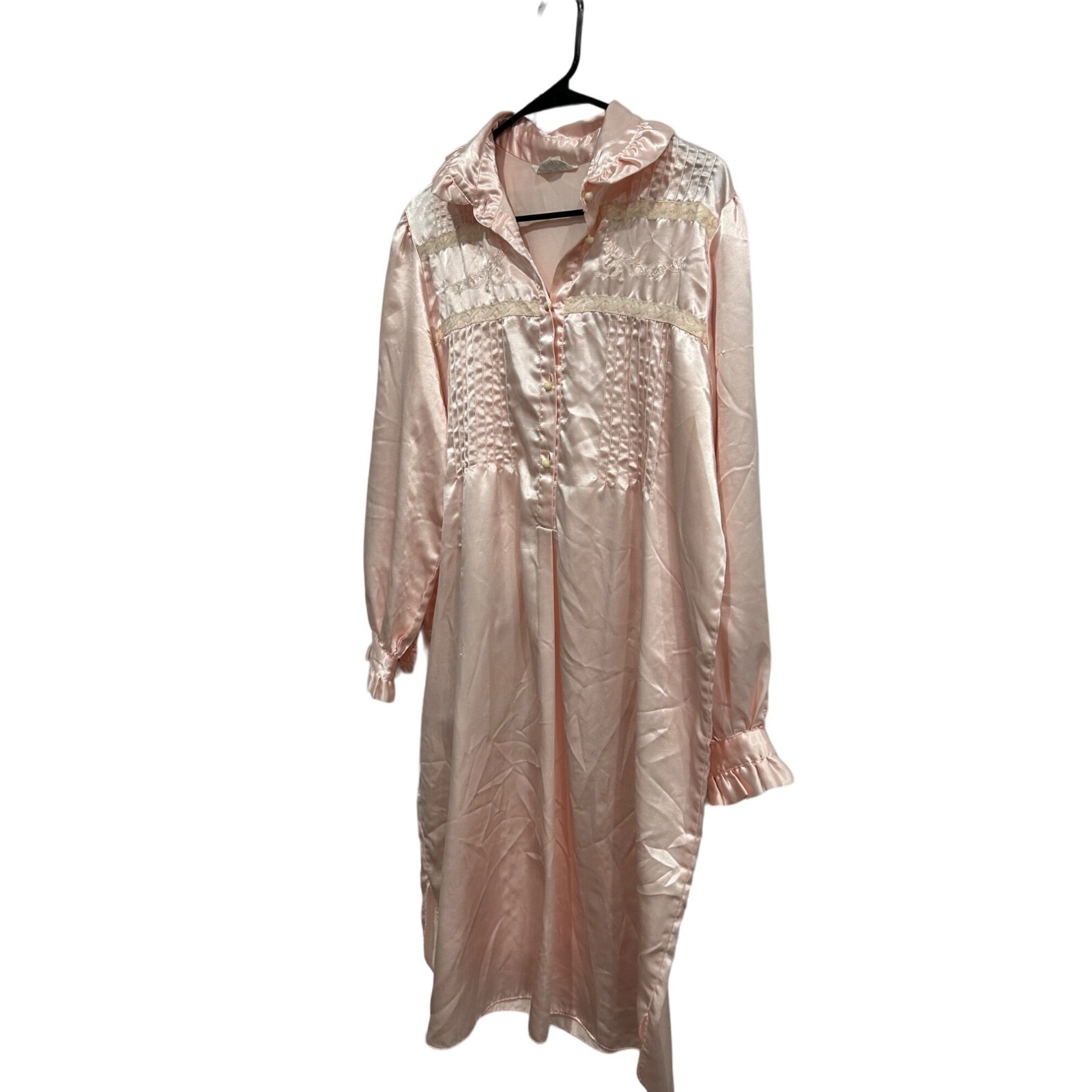 Vintage Jodie Arden Pink Satin Lace Half Button Up Nightgown Cottagecore Size M