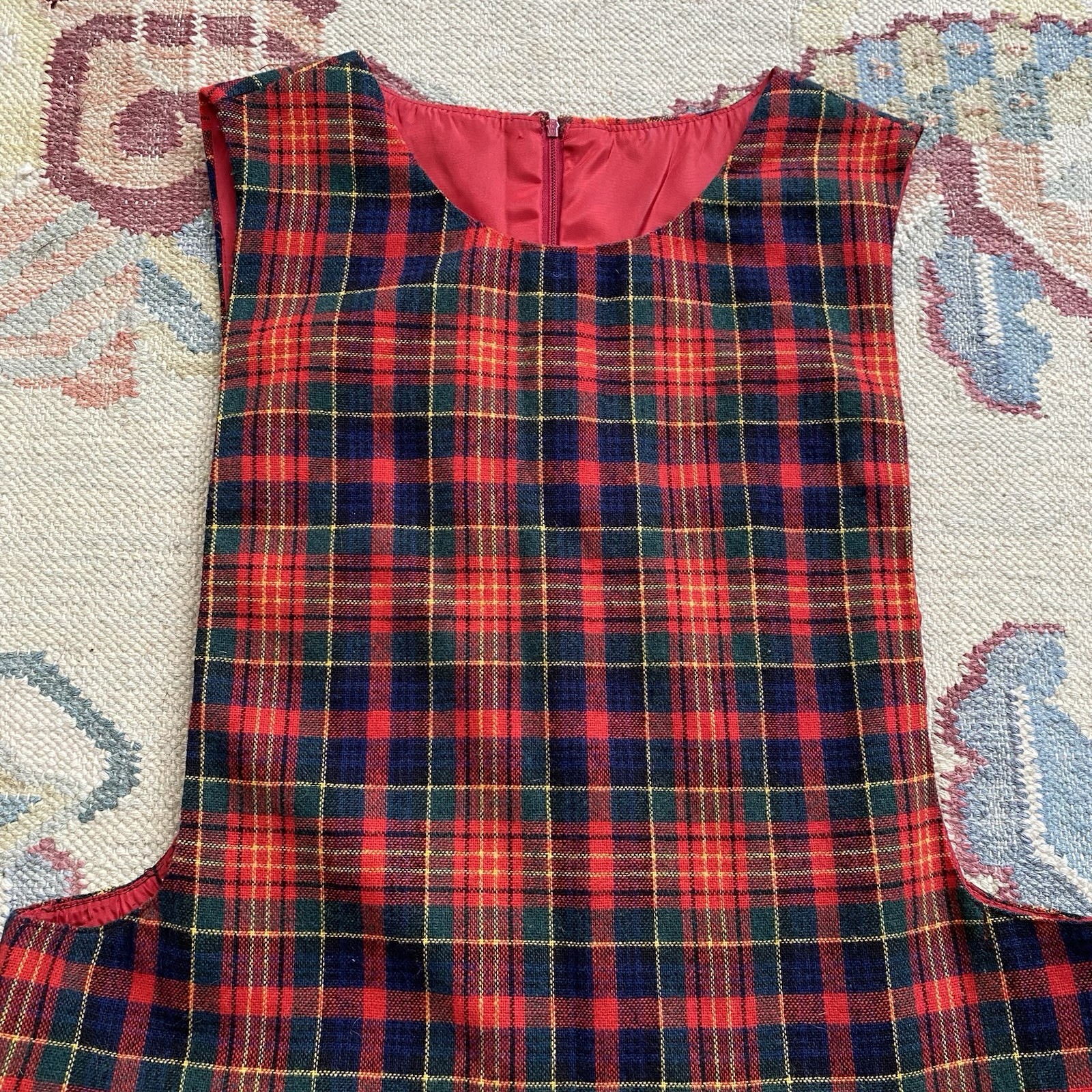 Vintage 70s Red Tartan Plaid Dress Sleeveless Medium Large Cottage