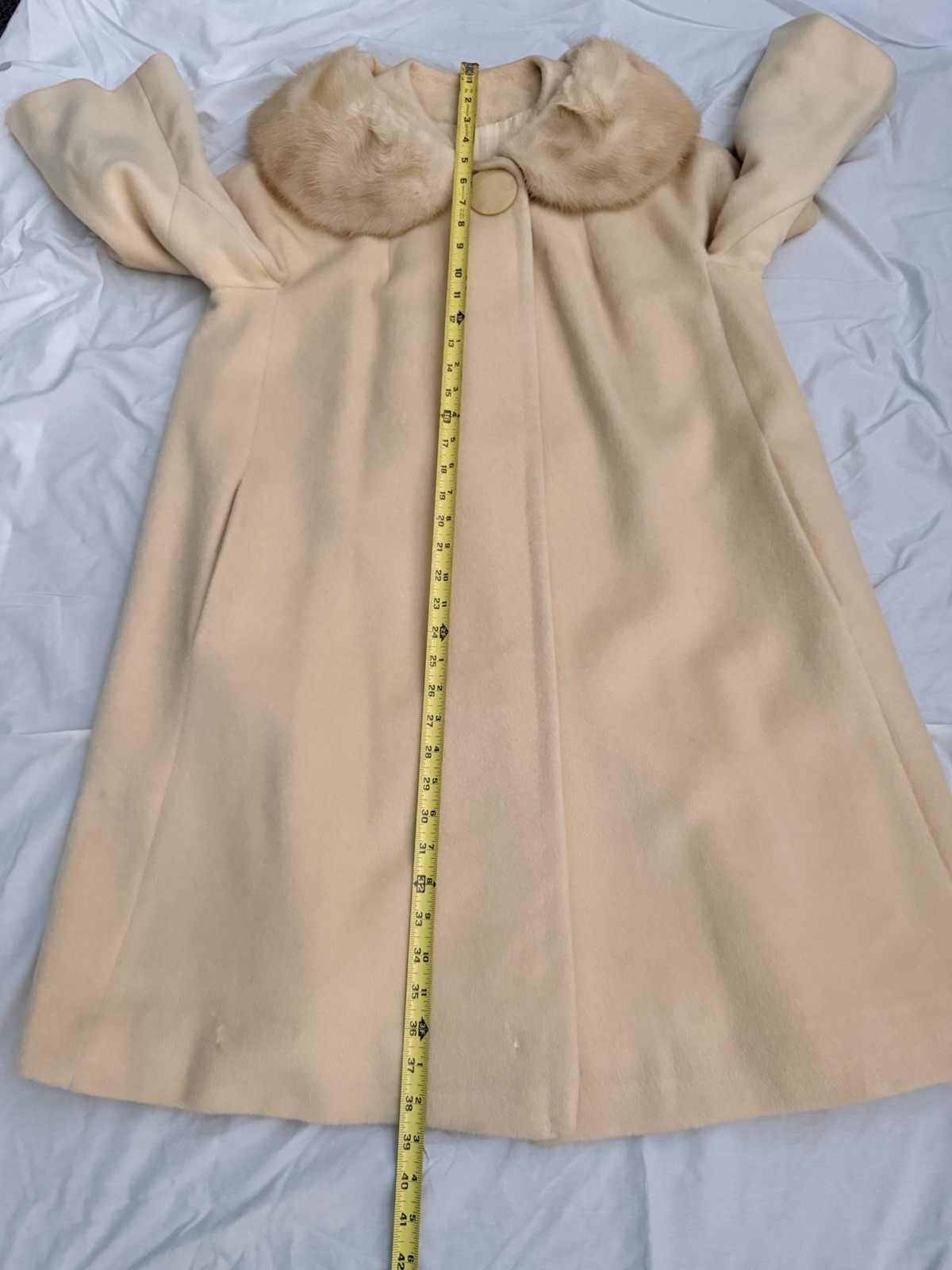 Vintage Ivory Swing Coat Real Fur Collar 50s 60s cream beige Bridal S wool USA