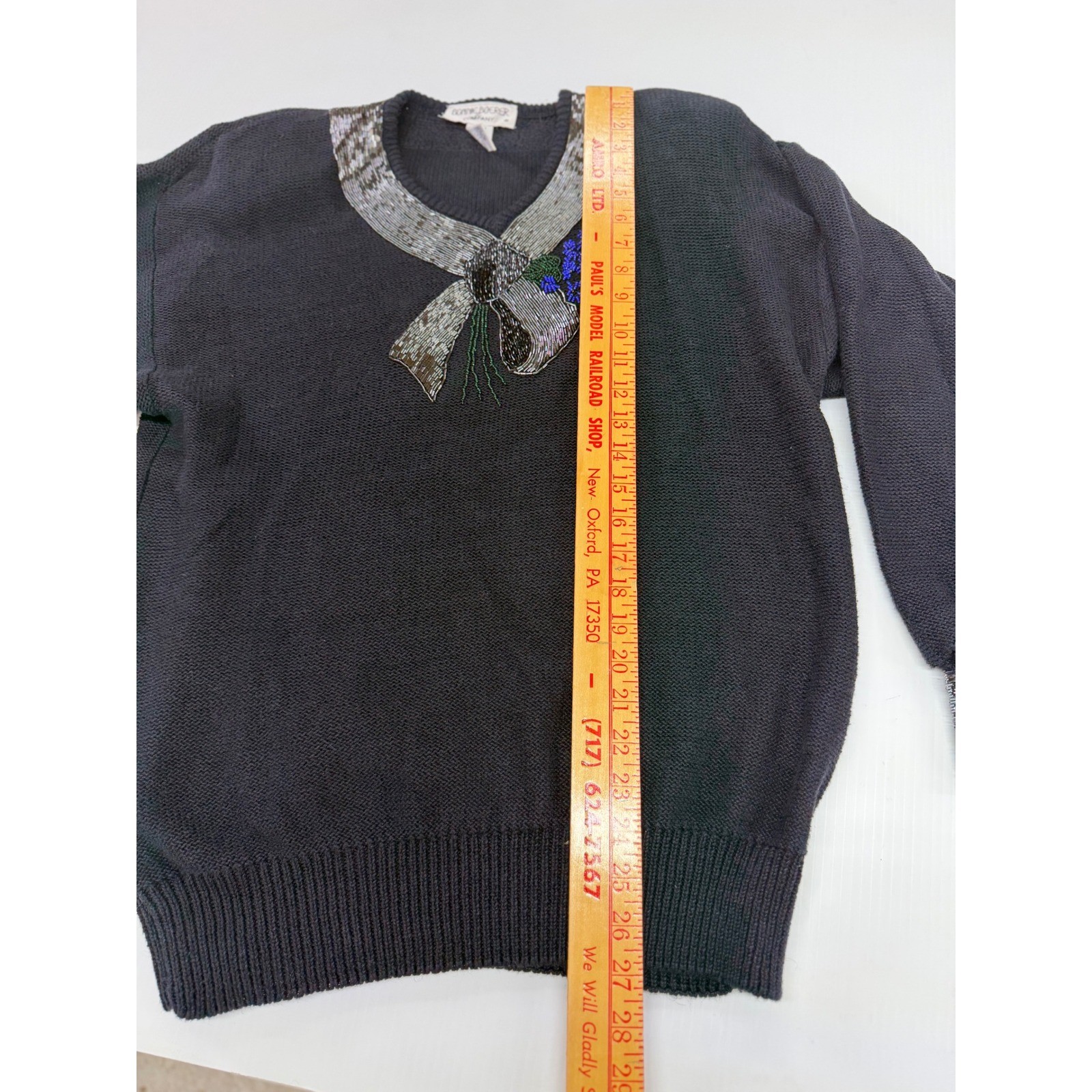 VTG Bonnie Boerer Sweater Black Beaded Sequin Bow Floral Ramie Cotton Womens M