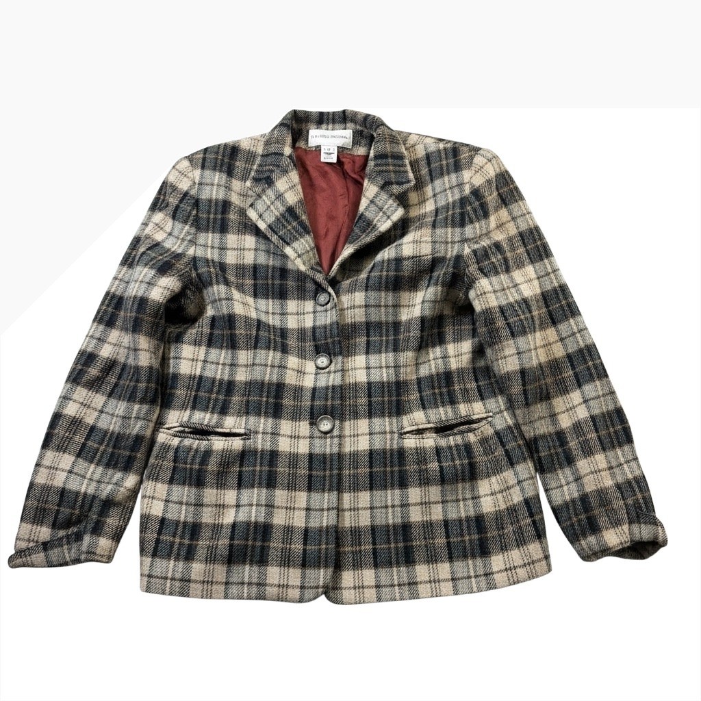Vintage Evan Picone Plaid Wool Blazer Womens 16 Made USA 80s Lined 3-Button