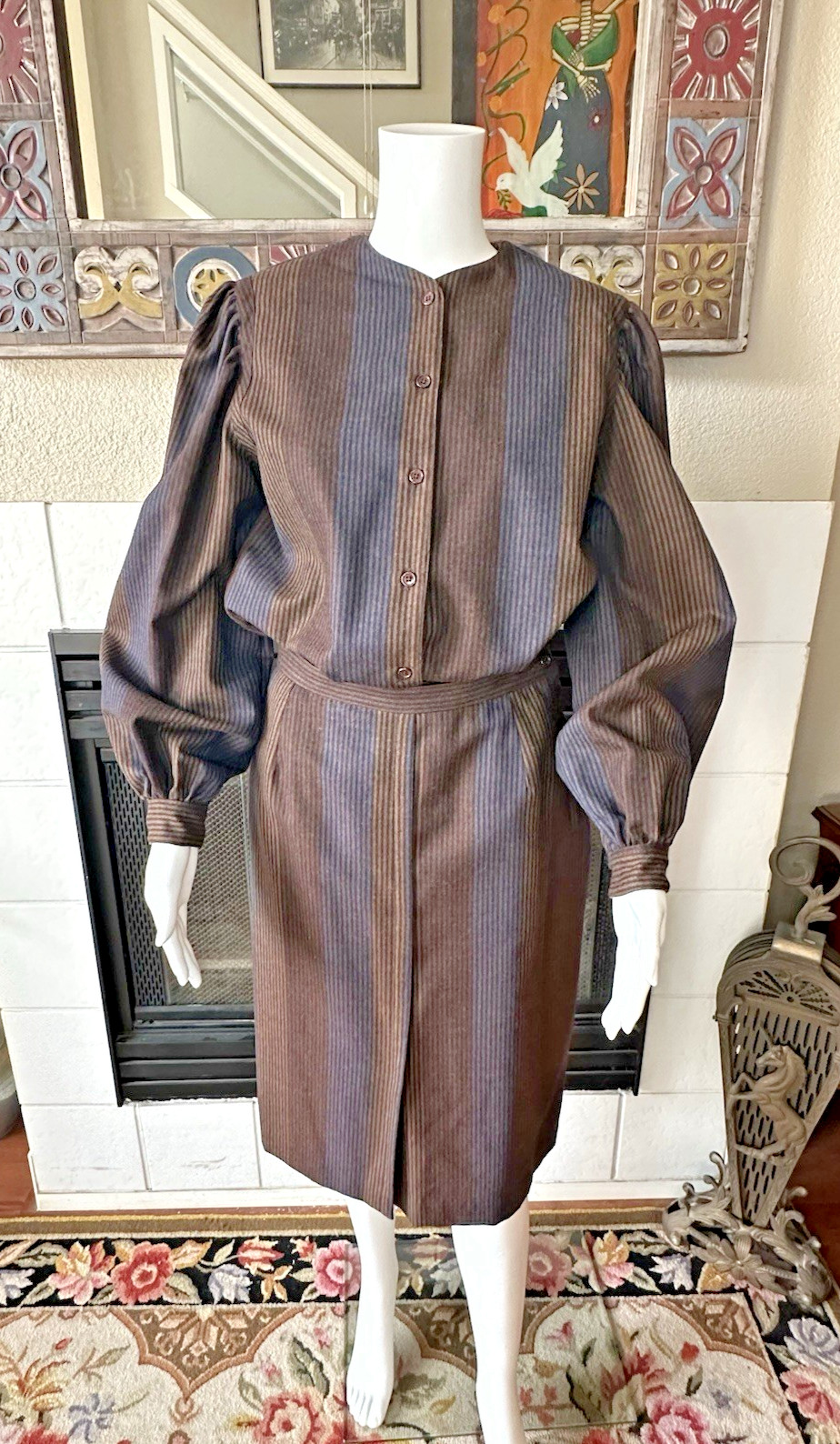 Harve Bernard Edwardian Pinstriped 100% WOOL button Blouse Skirt Set VTG pockets