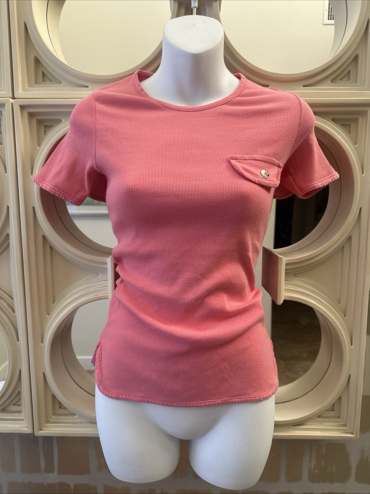 Loewe Vintage 90s Coral Pink Anagram Logo Button Ribbed Tee Shirt S