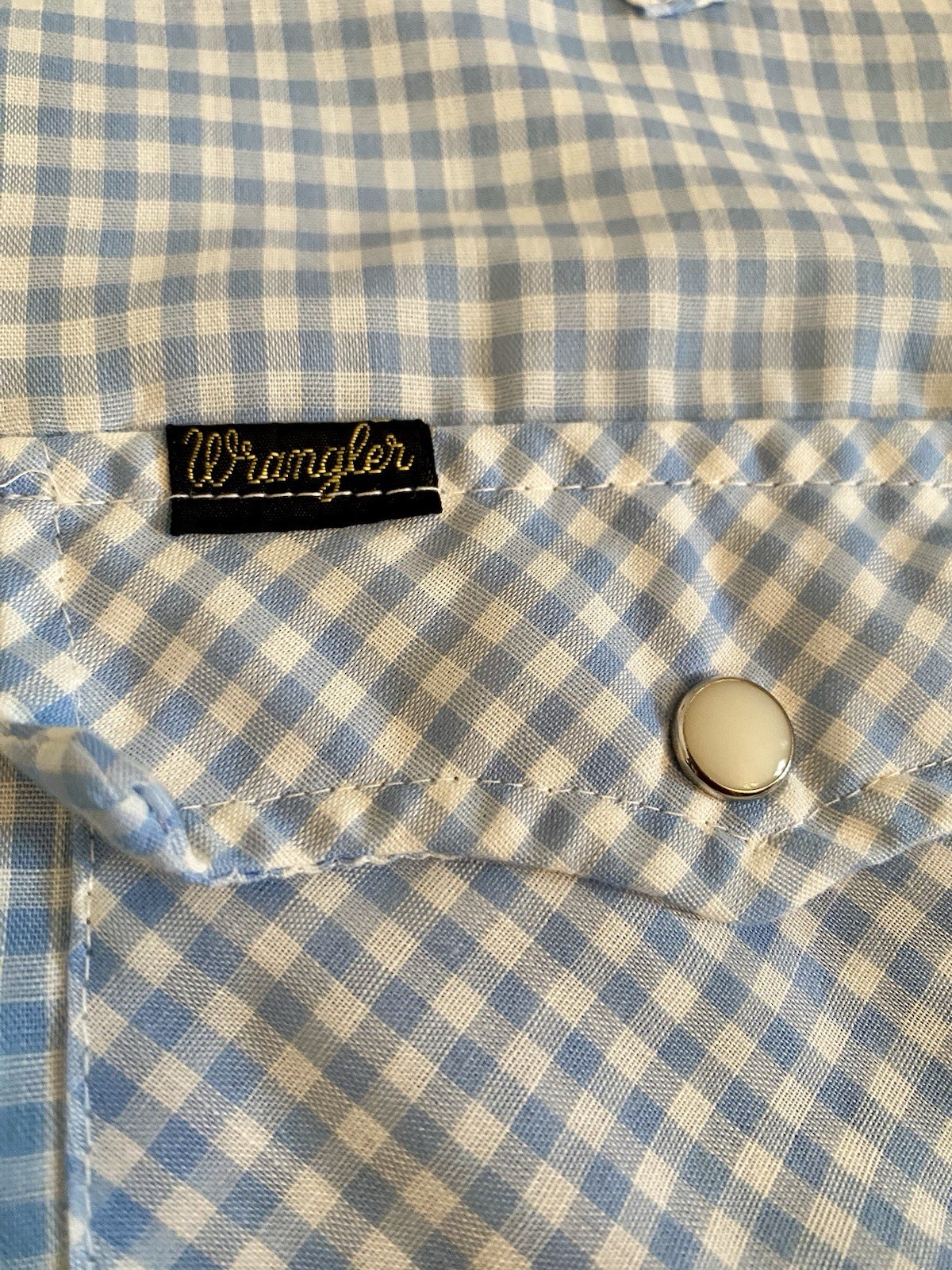 Vintage Wrangler Pearl Snap Western Shirt Womens Blue Gingham Size S Made In USA