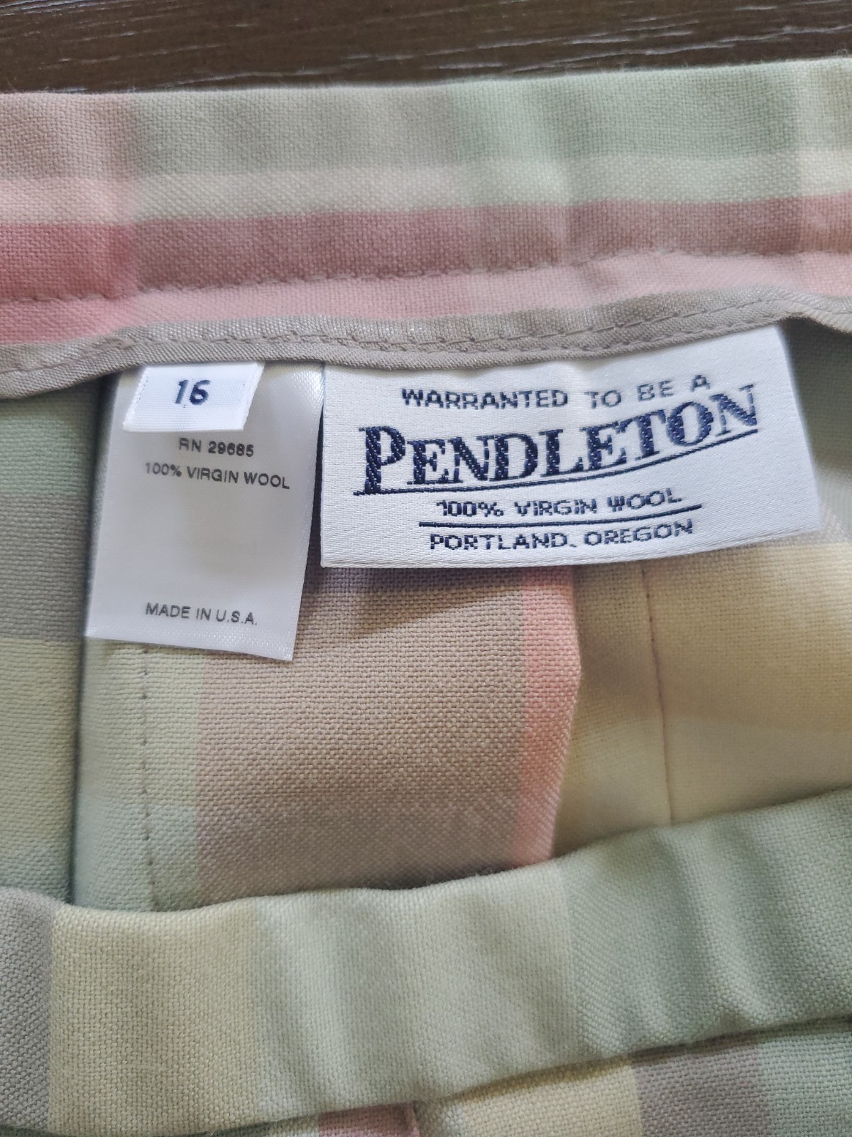 VNTG PENDELTON 2pc Plaid Virgin Wool Skirt & Pink Silk Blend Blouse Top 16 USA