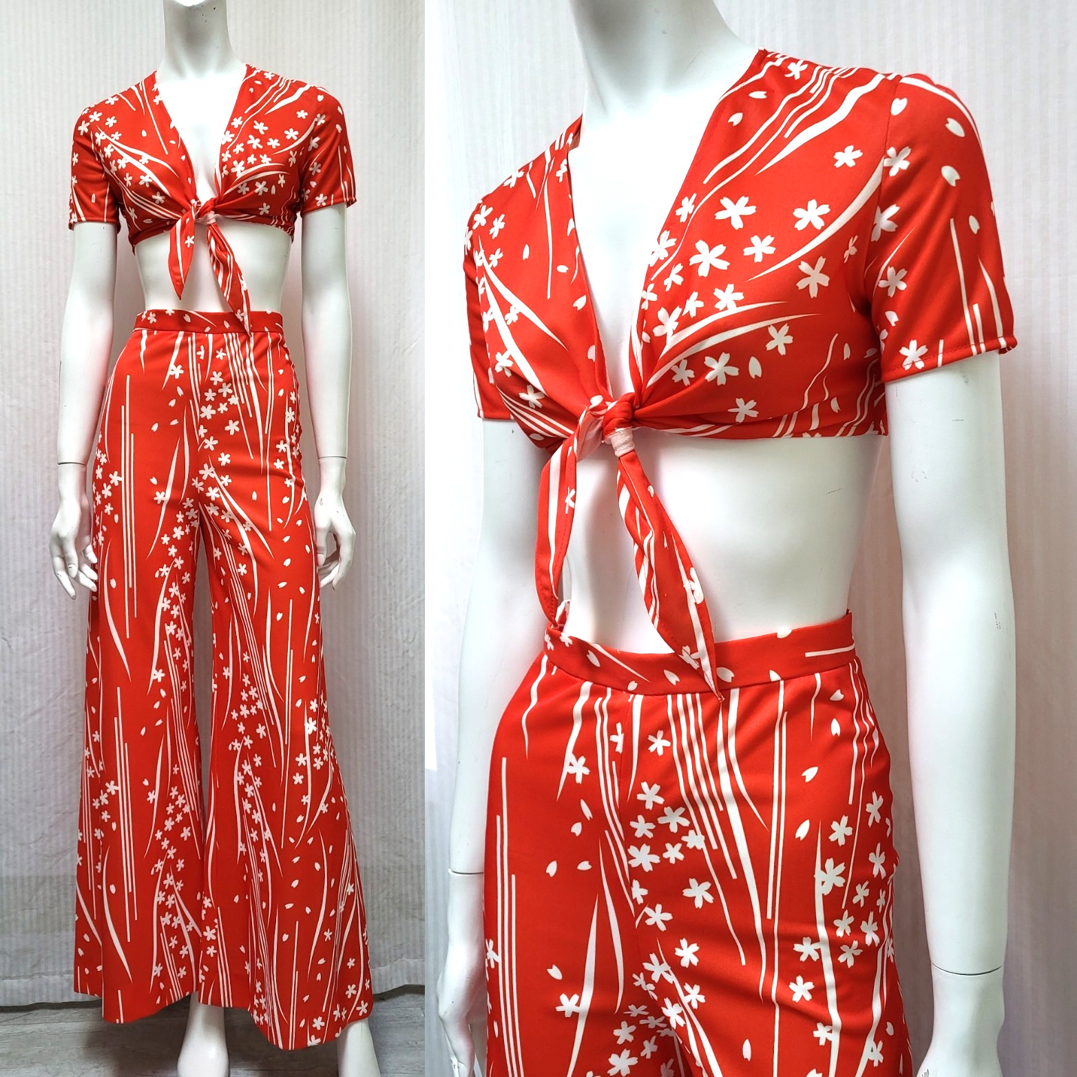 2 Piece Vintage 1960’s PARADE NY Red Floral Top & Wide Leg Pants – Size XS – EUC